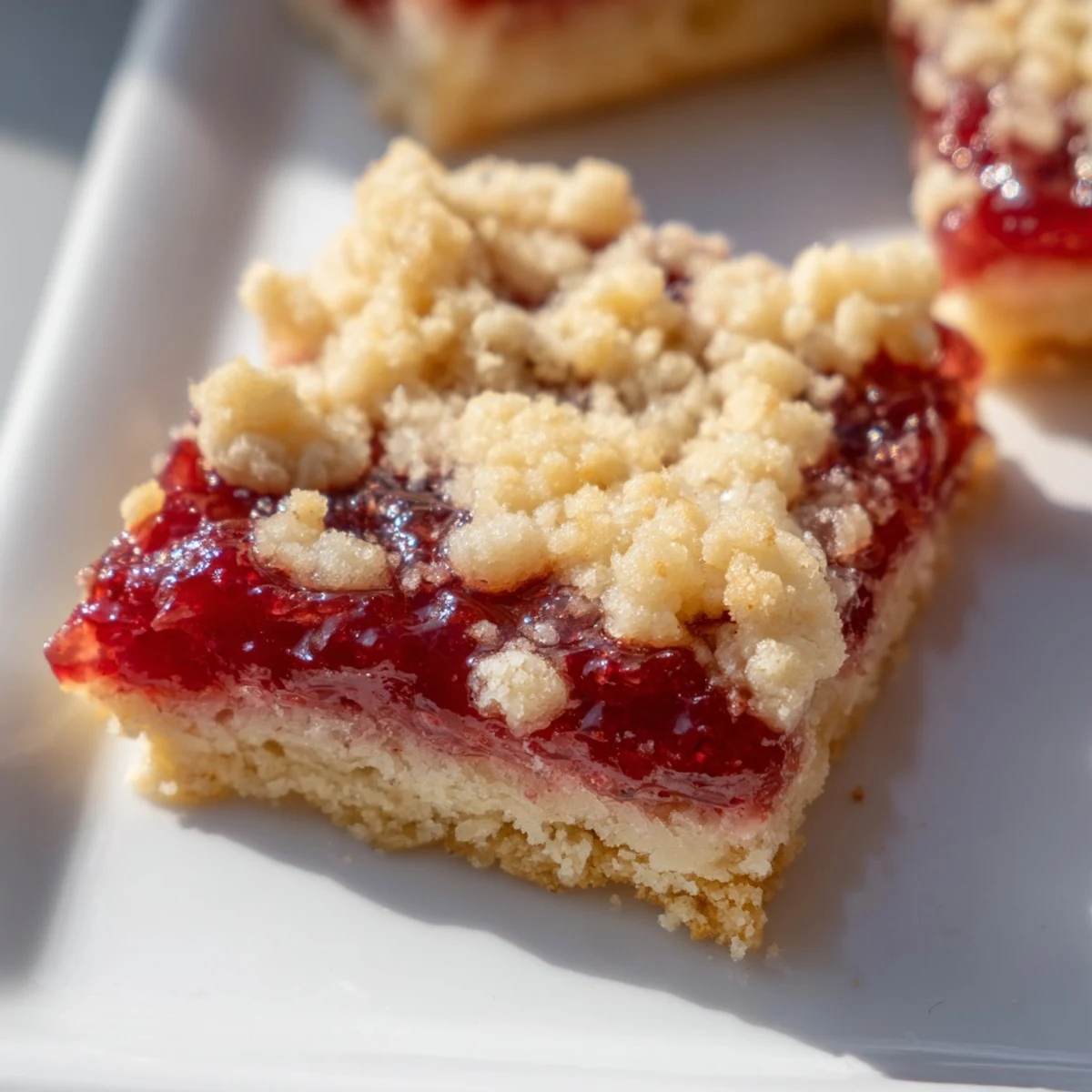 Close-up of freshly baked Simple Homemade Strawberry Jam Squares, showing the sweet strawberry filling and crumb topping.