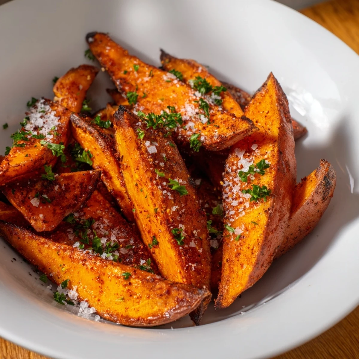 Golden, crispy oven-baked sweet potato wedges, generously seasoned and ready to enjoy as a side.