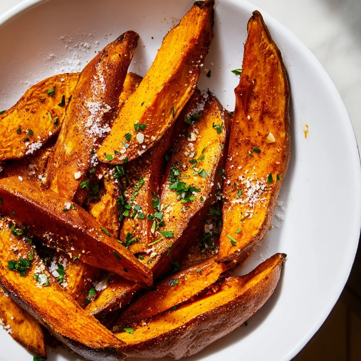 A picture of freshly cooked, golden-brown oven-baked sweet potato wedges, perfect for dipping.