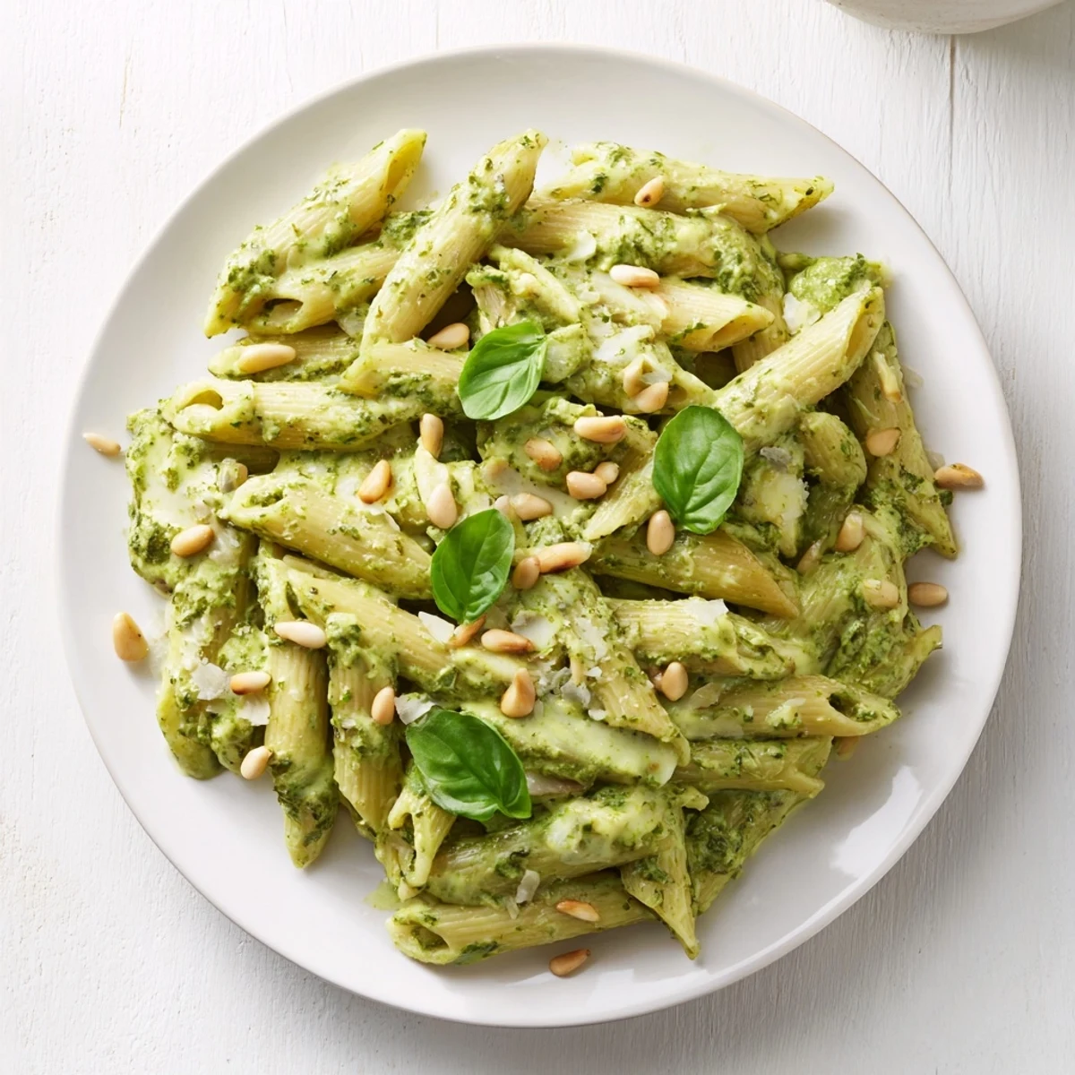 Steaming bowl of The Best 15-Minute Creamy Pesto Pasta, garnished with fresh basil and pine nuts.