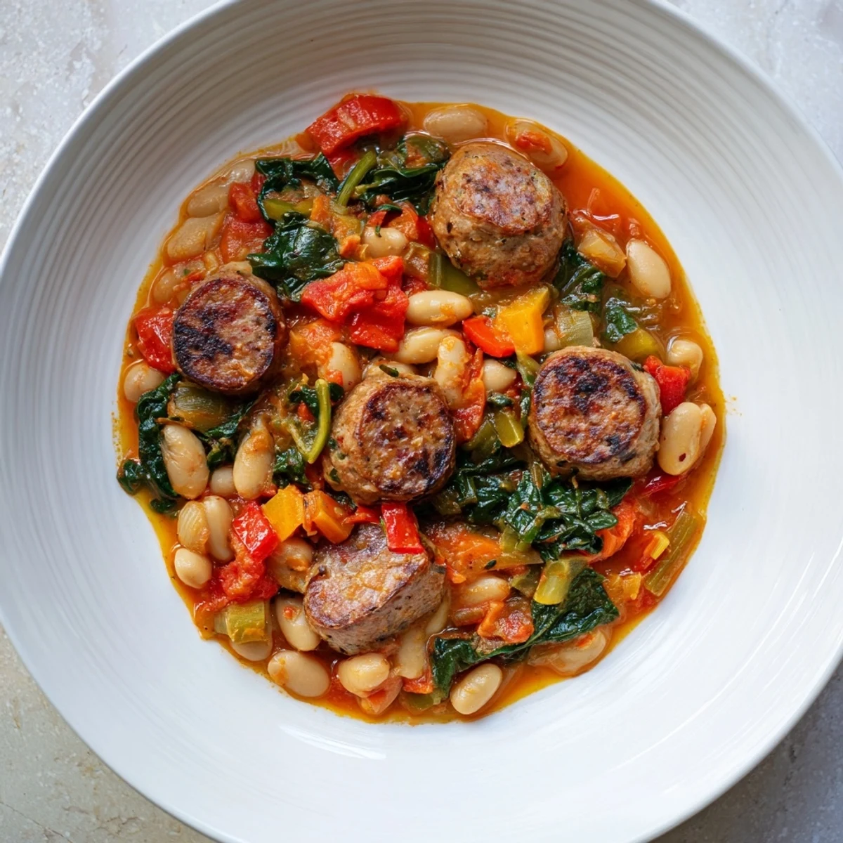 One-Pot Sausage and White Bean Stew brimming with hearty sausage, beans, and vegetables, steaming hot.