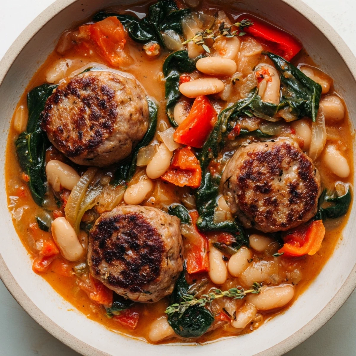 The vibrant colors of a fresh One-Pot Sausage and White Bean Stew simmering, perfect for a cold evening.