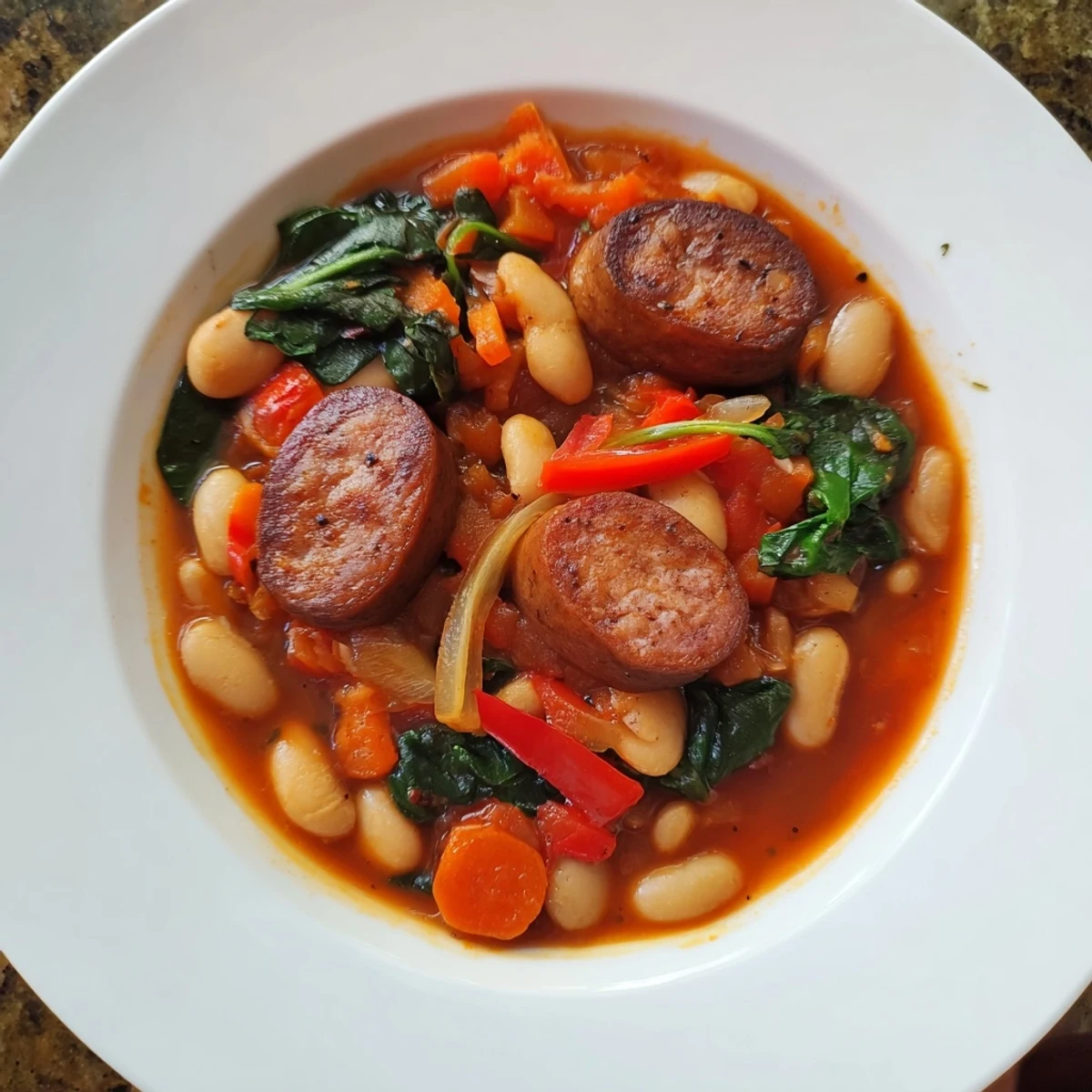 A close-up of a warm One-Pot Sausage and White Bean Stew, ready to serve with crusty bread.