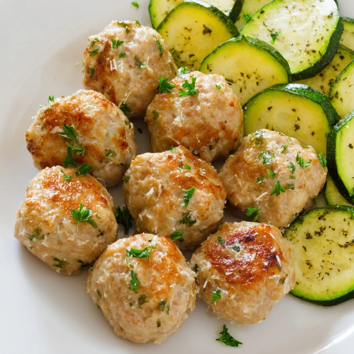 Easy sheet pan turkey meatballs with tender zucchini, beautifully browned, ready to serve for a healthy meal.