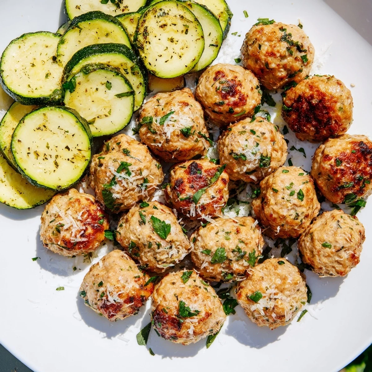 These baked easy sheet pan turkey meatballs, alongside zucchini rounds, offer a delicious, effortless American dinner.