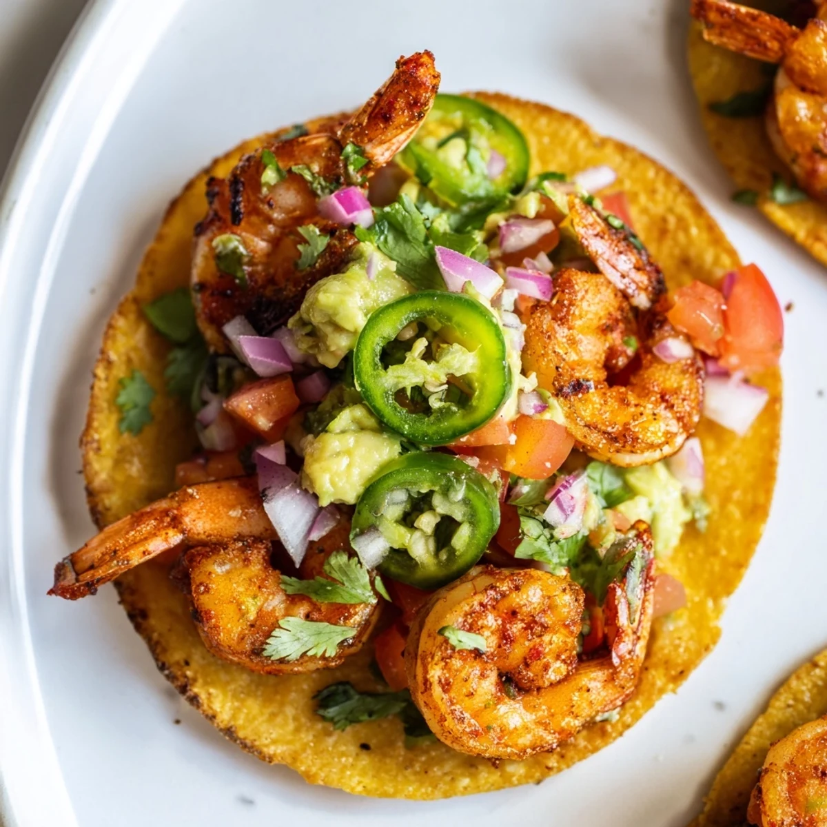 Golden, crispy tostadas piled high with zesty shrimp and creamy avocado for a quick recipe.