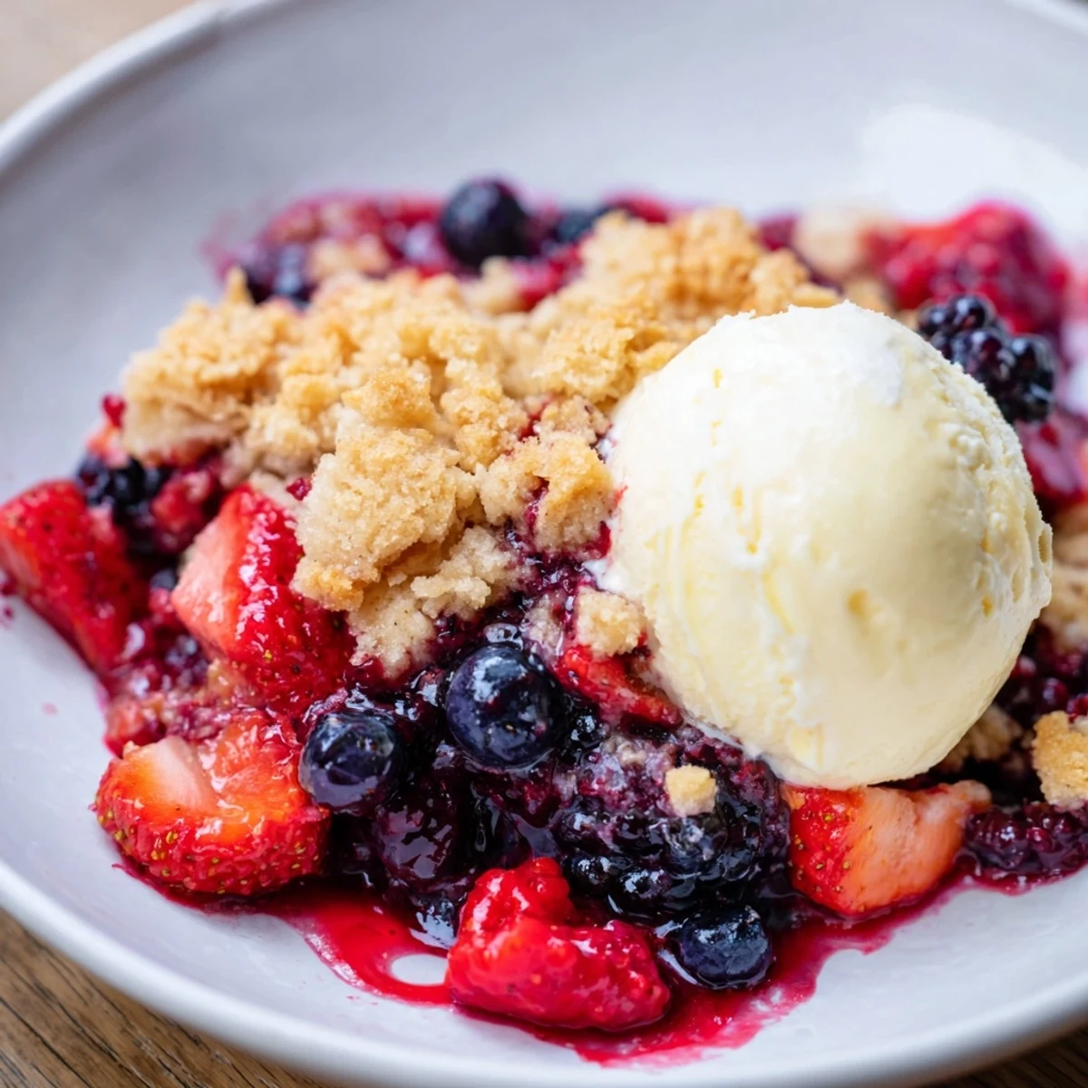 Warm rustic summer berry cobbler with a buttery crust and melting vanilla ice cream.