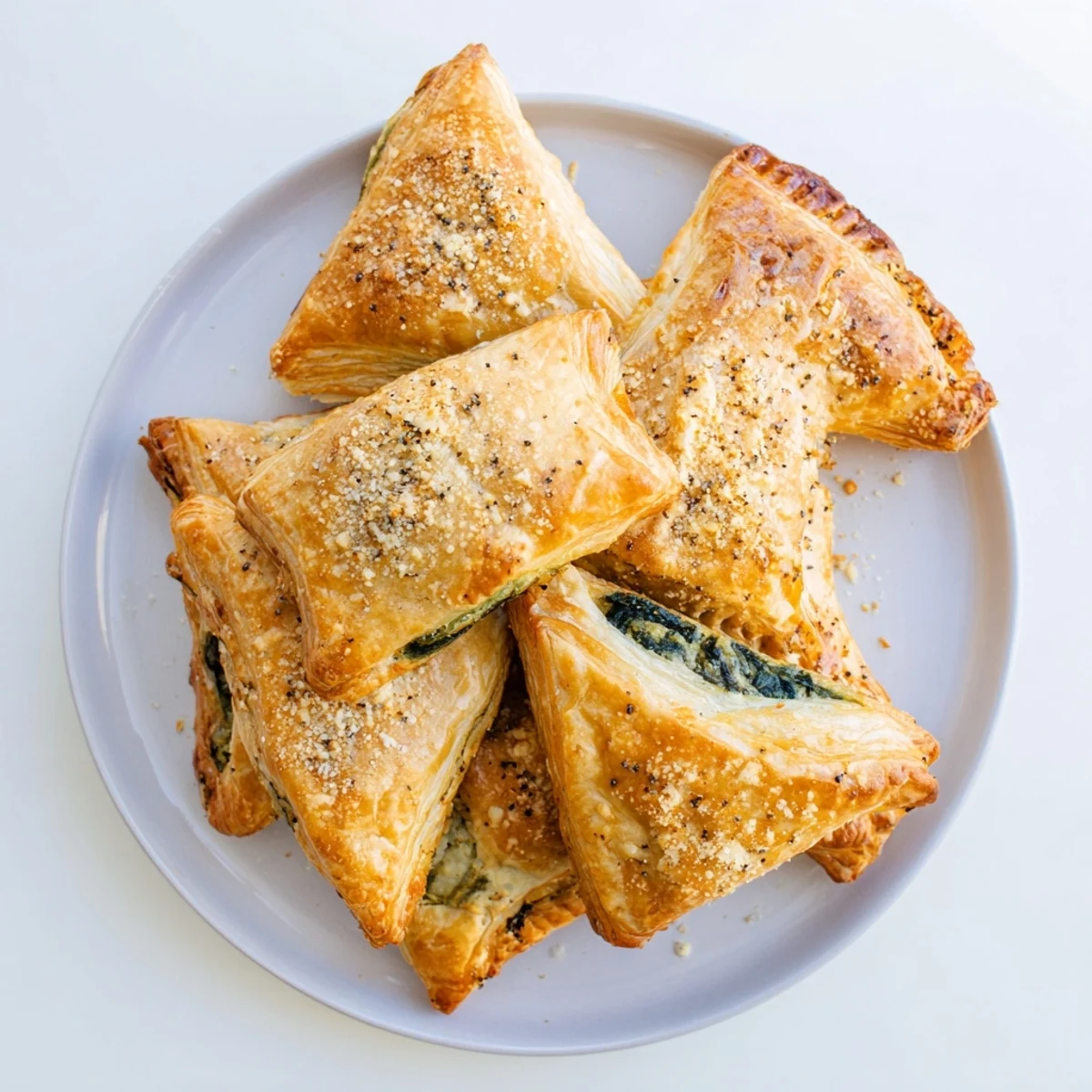 Flaky golden Savory Spinach and Ricotta Puff Pastry Triangles, filled with creamy spinach and cheese.