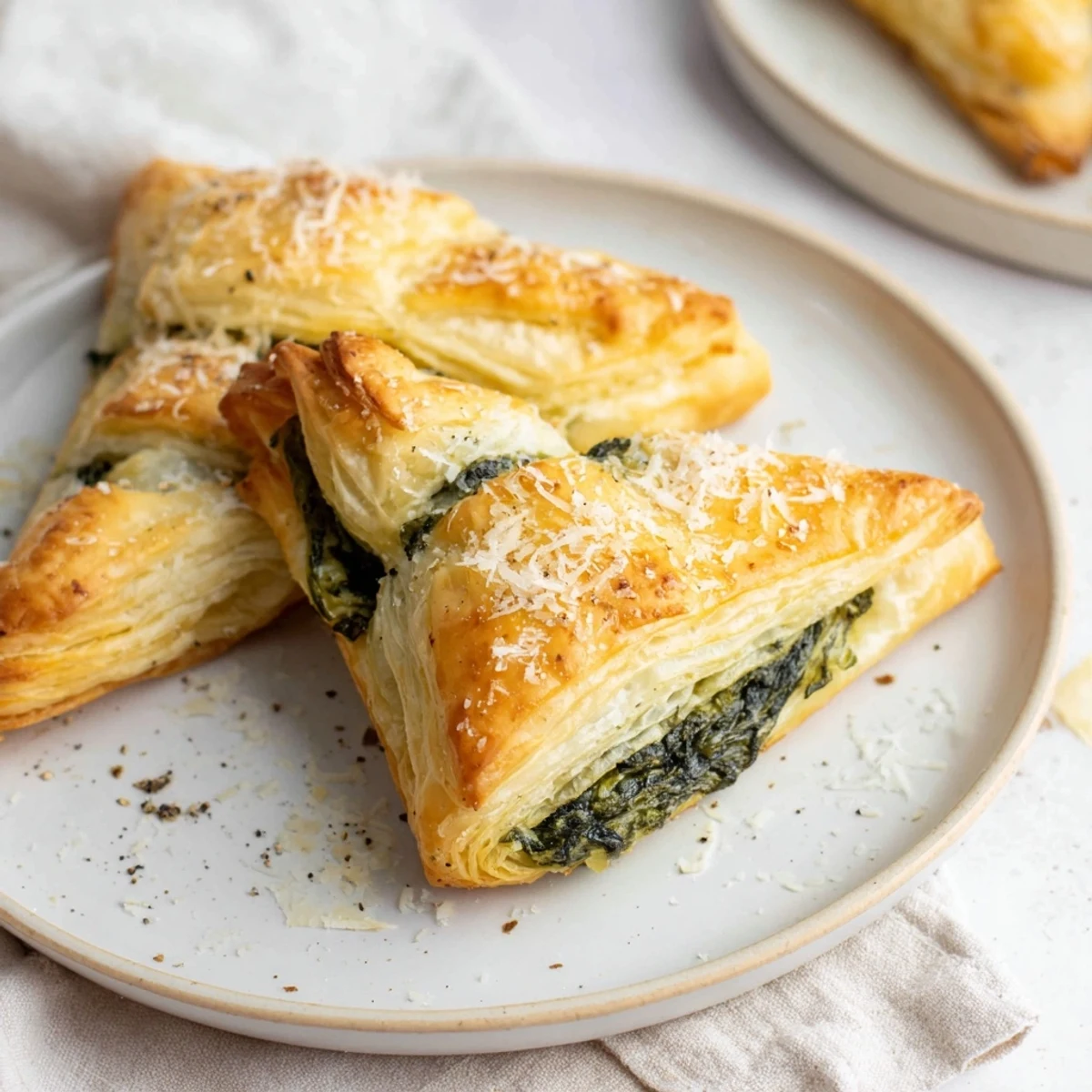 Bright, warm image of a tray of freshly baked Savory Spinach and Ricotta Puff Pastry Triangles, ready to serve.