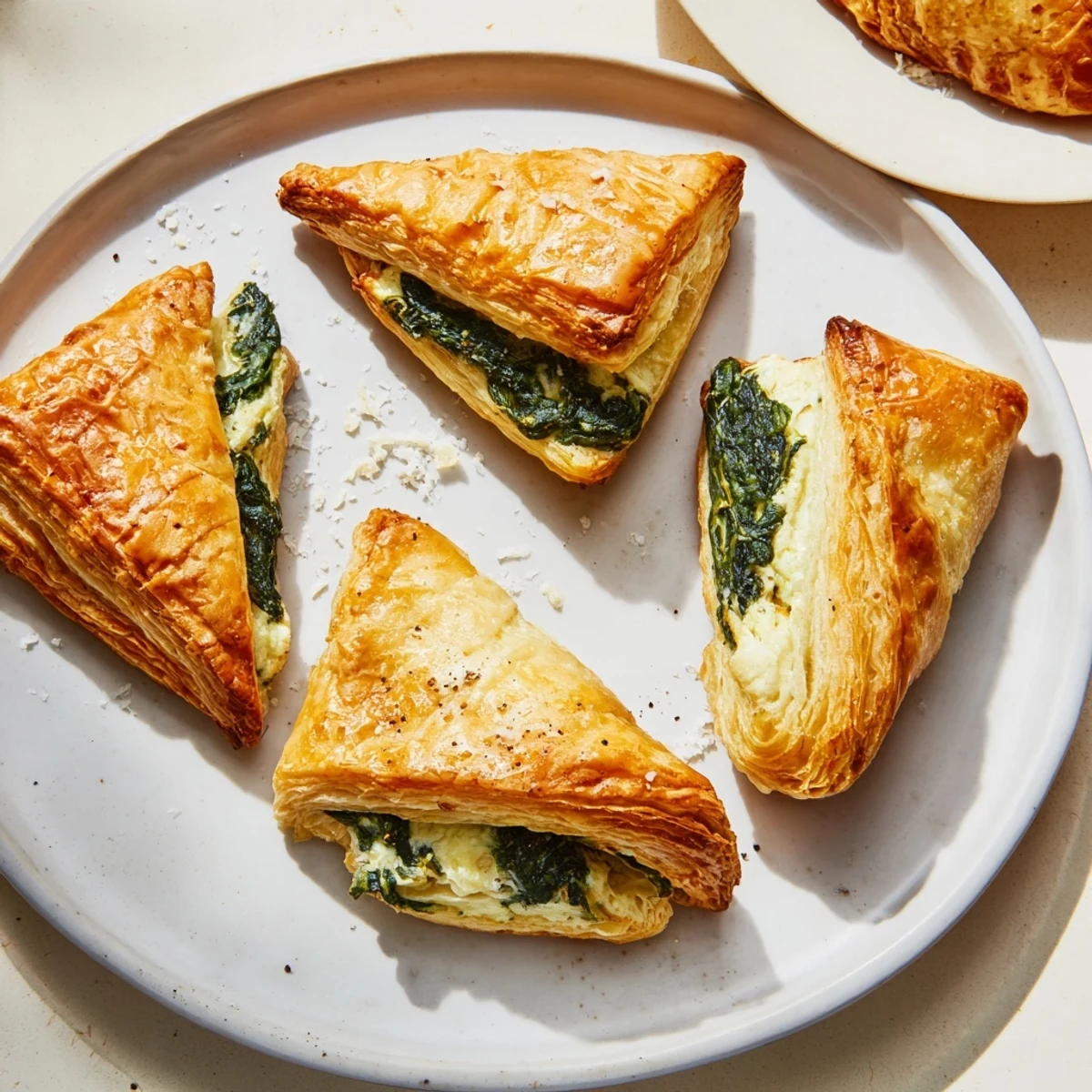 Delicious, close-up view of a perfectly crimped Savory Spinach and Ricotta Puff Pastry Triangle's flavorful interior.