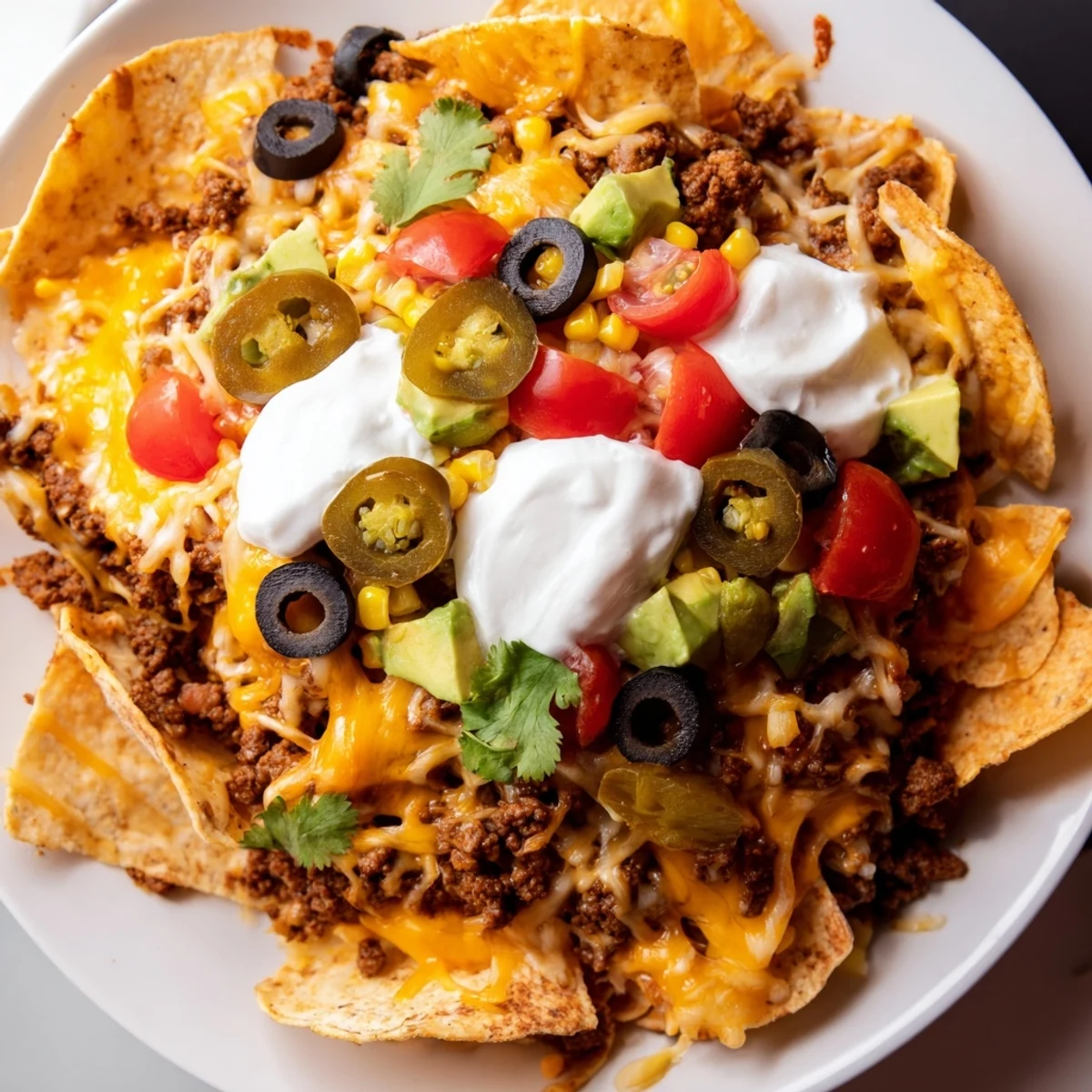 Classic sheet pan beef nachos overflowing with melted cheese, savory beef, and colorful toppings.