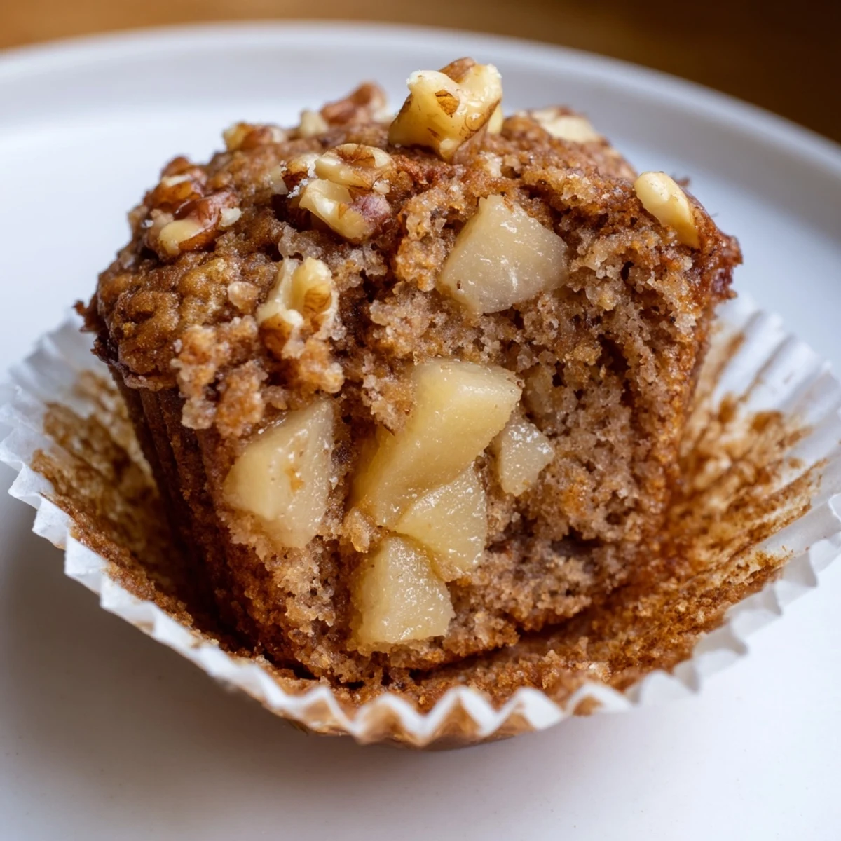 A close-up of fluffy Seasonal Spiced Pear and Walnut Muffins showcasing juicy pears and crunchy walnuts.