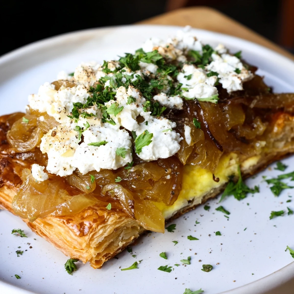 Close-up of a warm, savory Decadent Caramelized Onion and Goat Cheese Tart, ready to slice and eat.