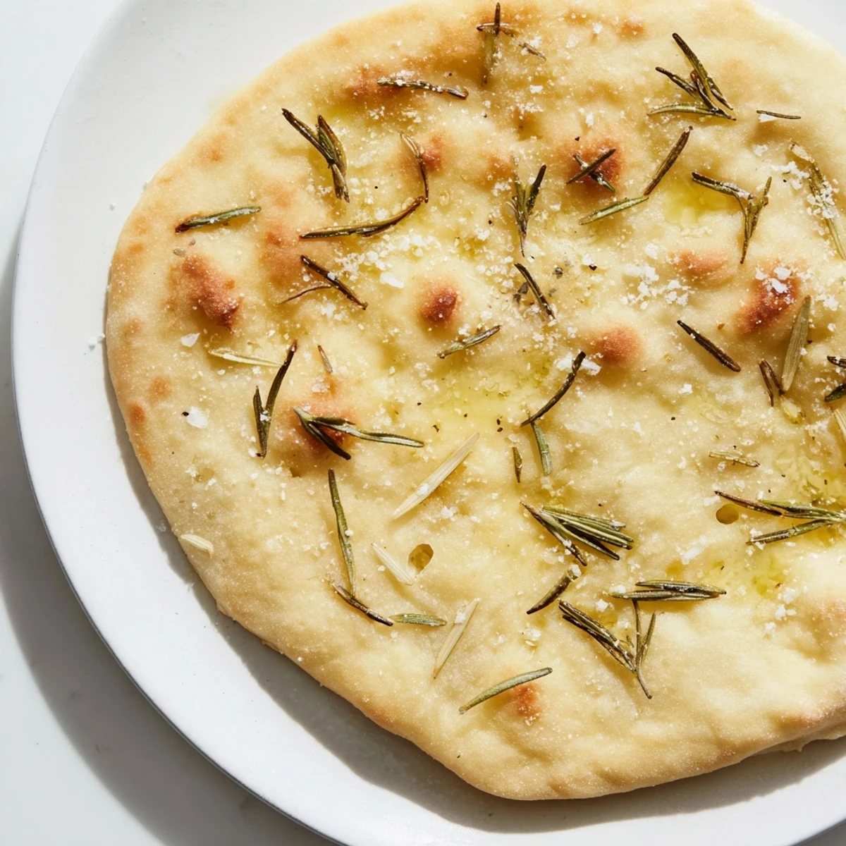 Quick homemade flatbread with rosemary and sea salt, perfectly golden and bubbly, ready for serving.