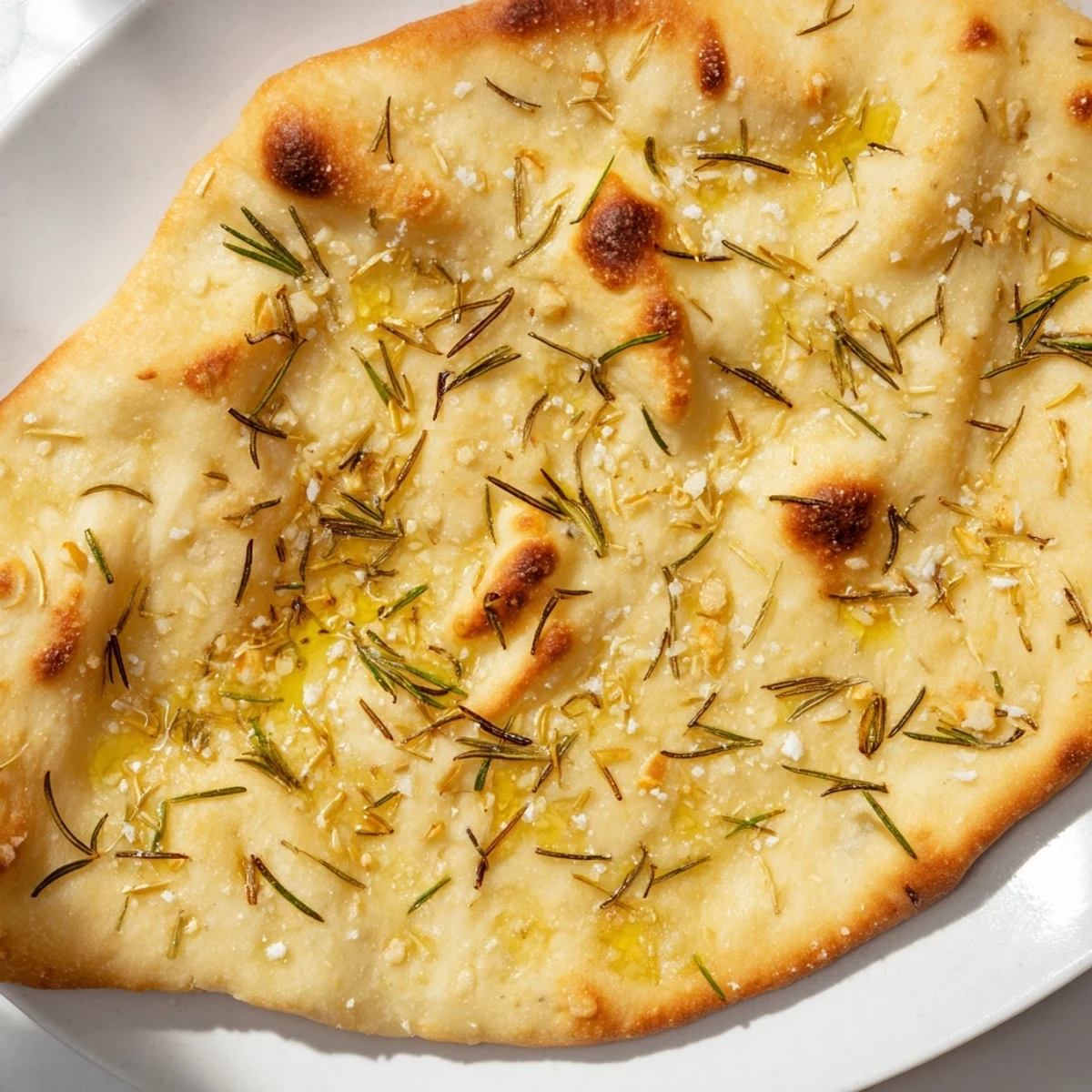 Freshly baked quick homemade flatbread speckled with rosemary, sprinkled generously with flaky sea salt.