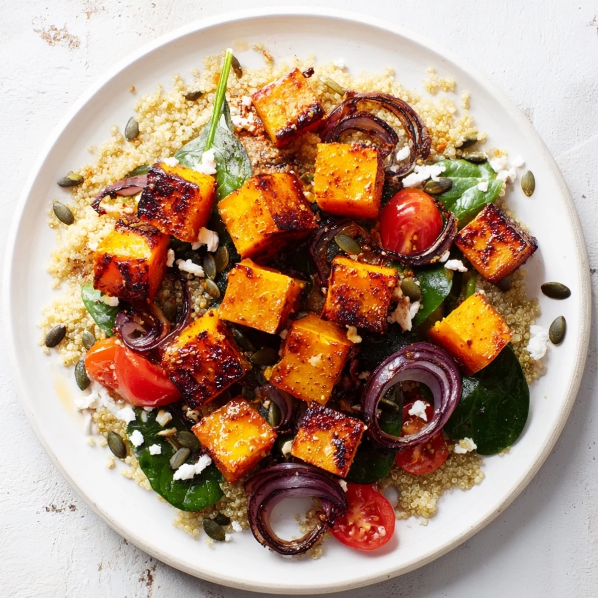 Golden Honey-Roasted Butternut Squash Bowl: tender squash with quinoa, spinach, and a sweet honey-lime drizzle.