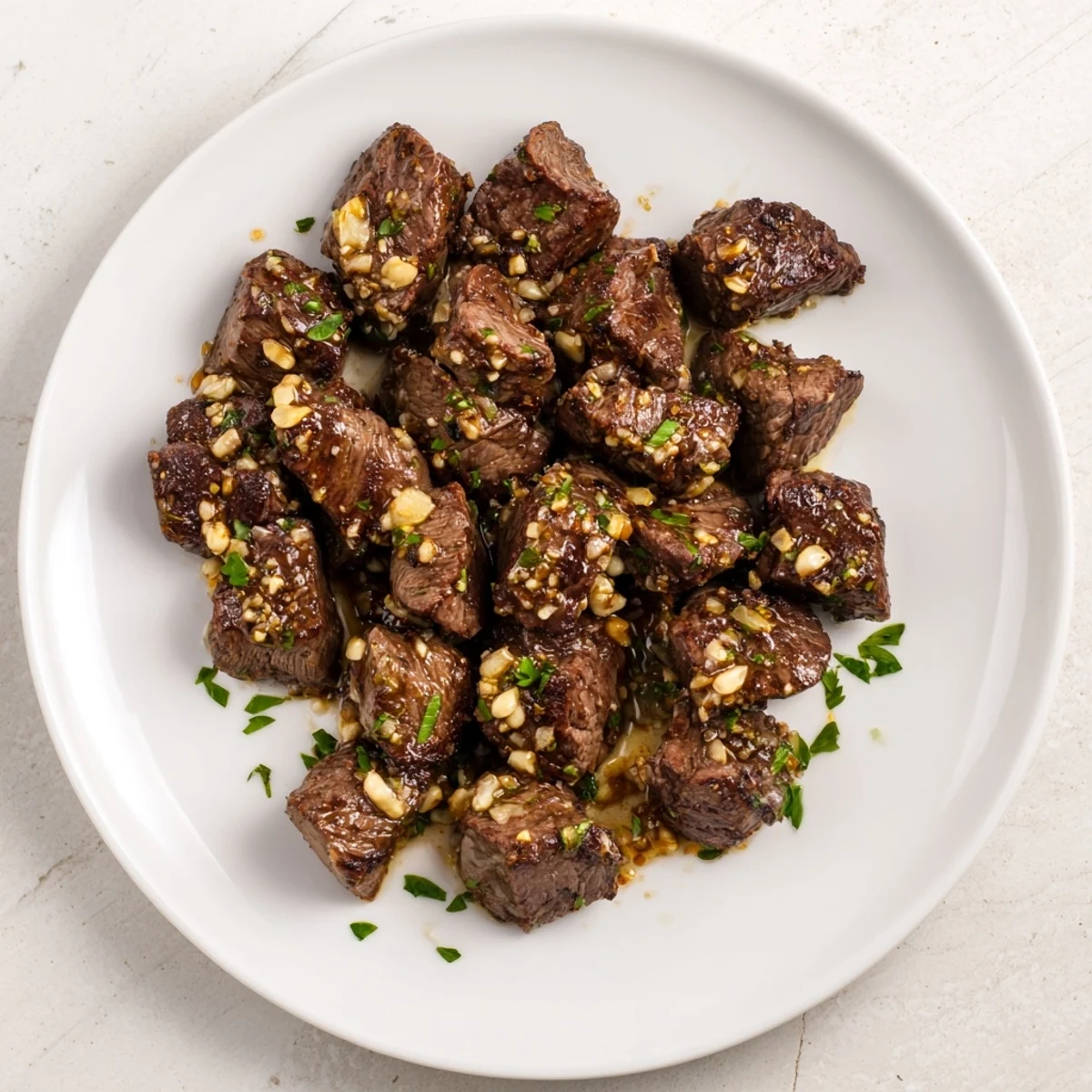Seared Skillet Steak Bites glistening in rich garlic butter, ready for a flavorful bite.