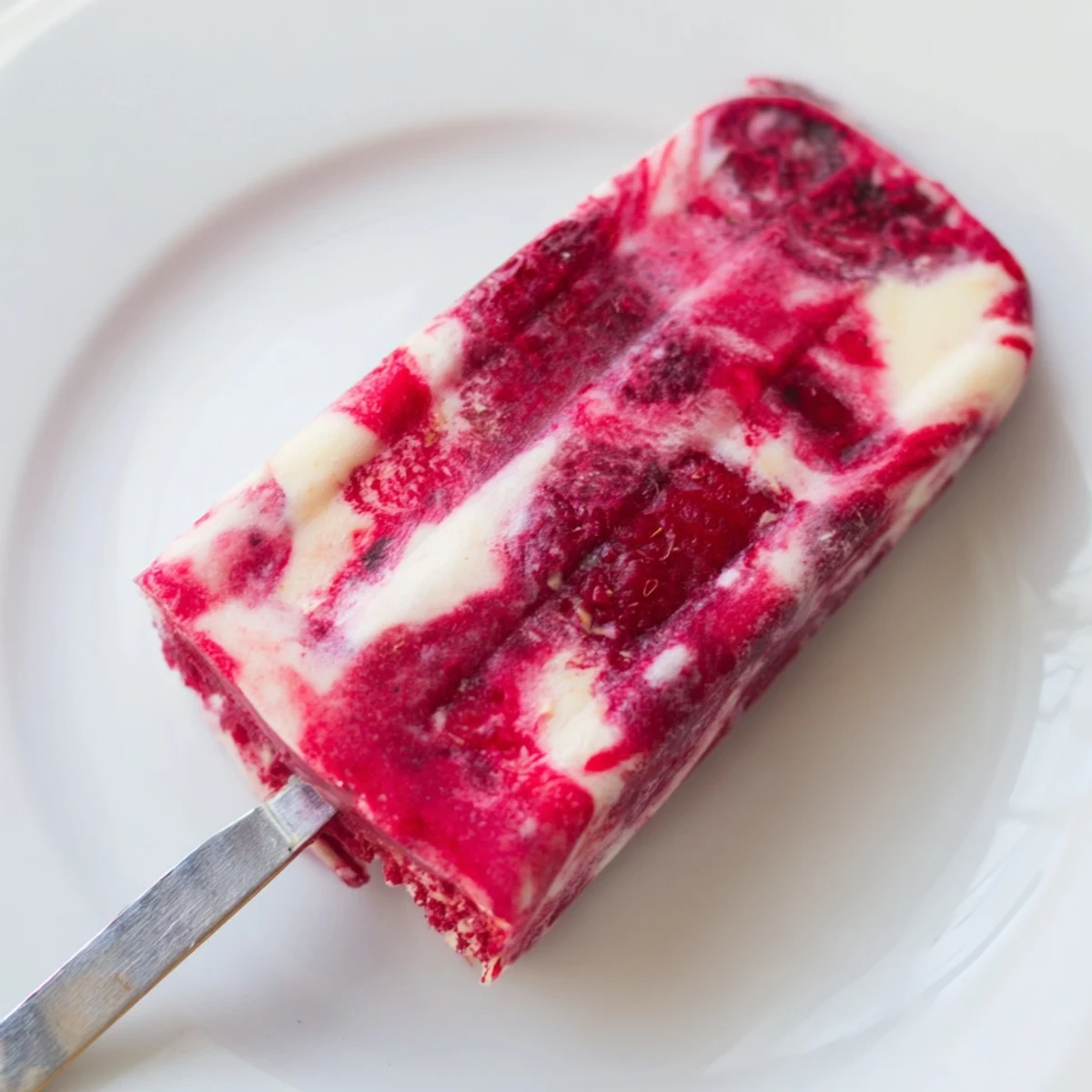 Vibrant raspberry coconut ice pops, swirled and frozen, offer a refreshing, creamy summer dessert.