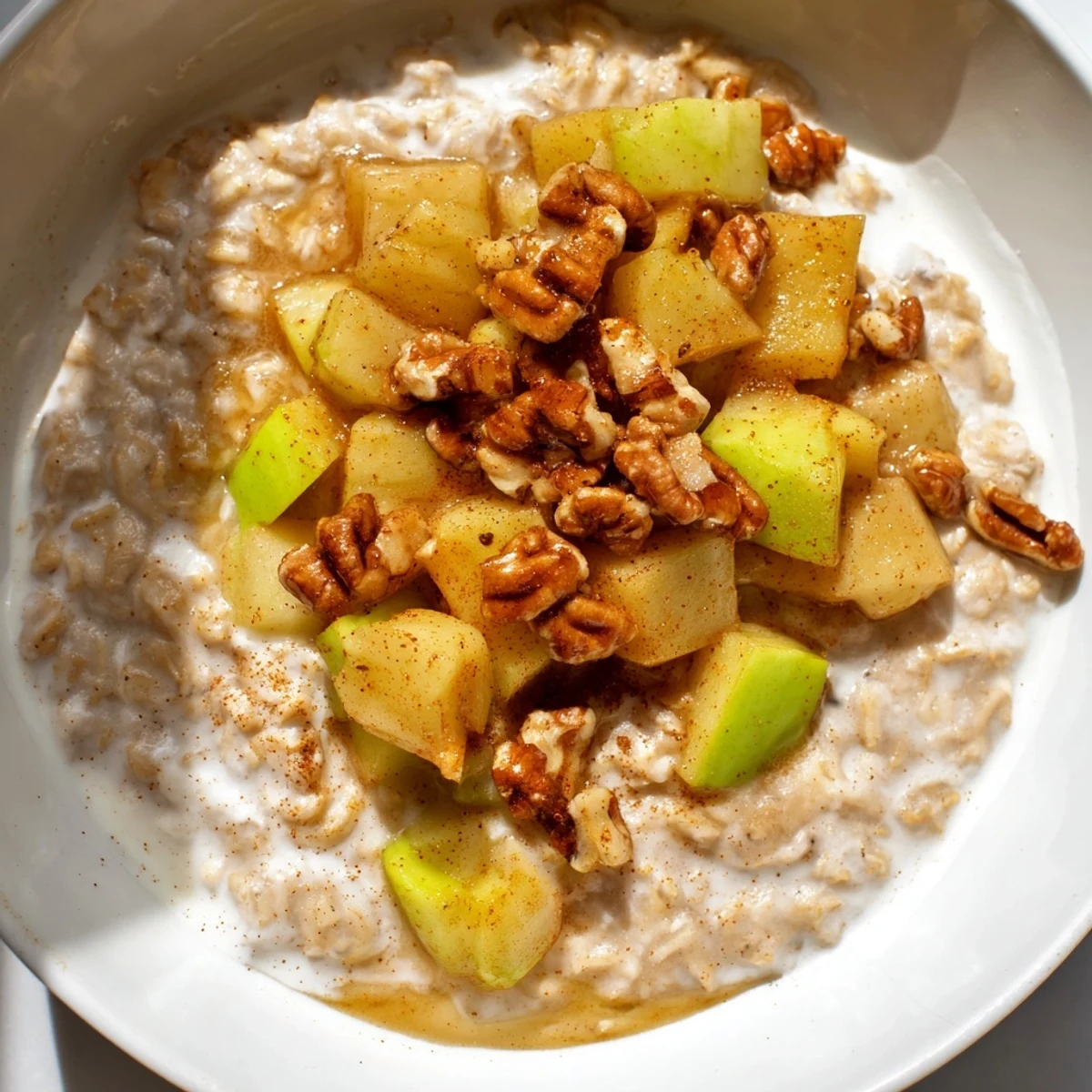 Warm, spiced apple pie oatmeal bowl, topped with caramelized apples and toasted nuts, a comforting breakfast.