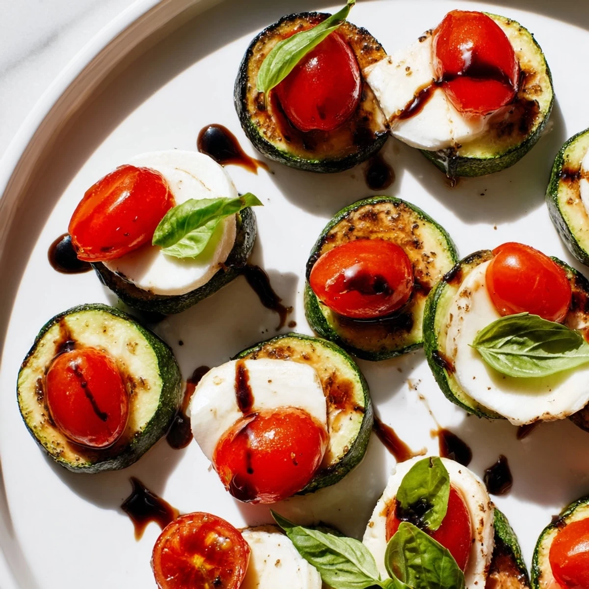 Zucchini Caprese Bites: Vibrant, baked zucchini topped with fresh mozzarella, bursting tomatoes, and basil.