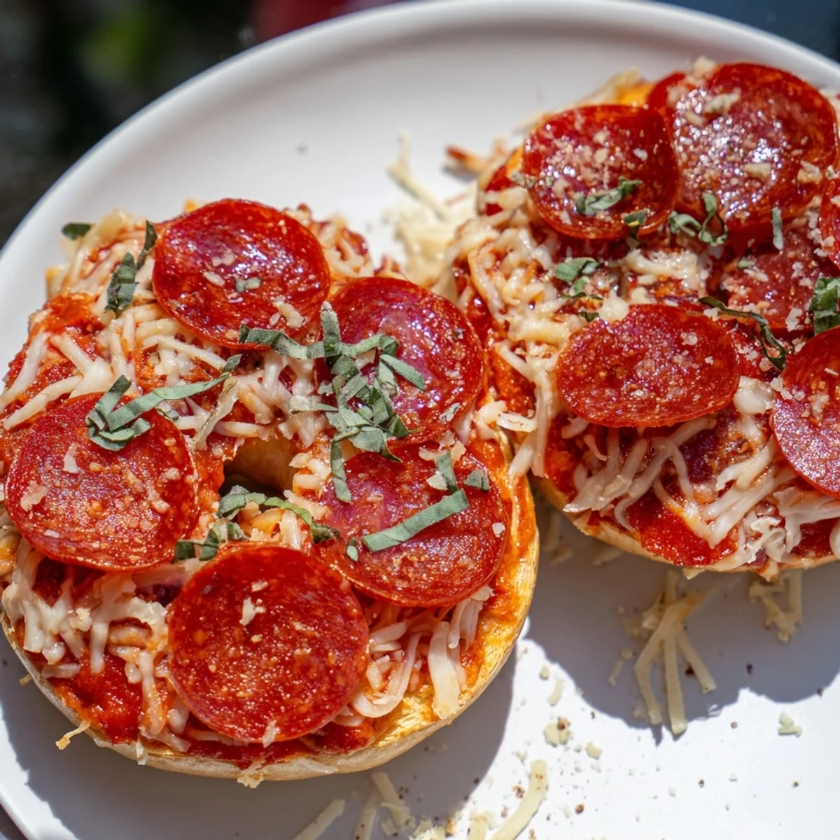 Warm mini pepperoni pizza bagels, served with fresh basil for a delicious American treat.