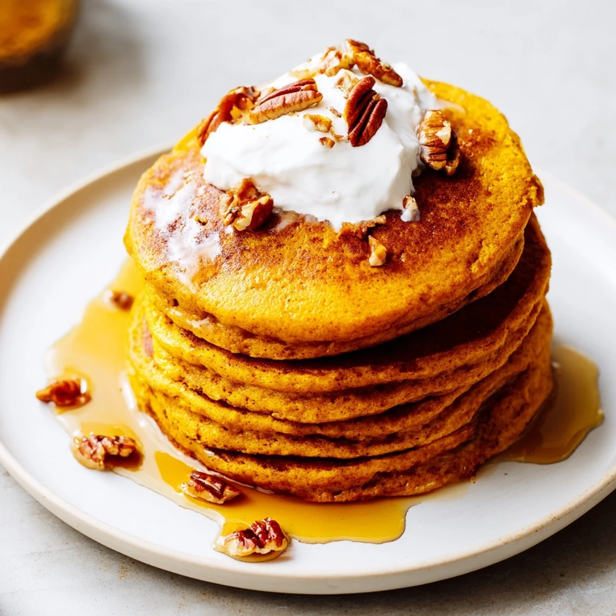 Golden, fluffy Pumpkin Spice Pancakes drizzled with maple syrup; a perfect breakfast treat.