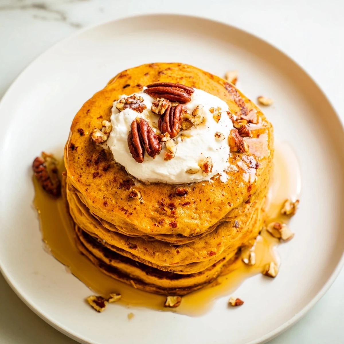 A stack of warm Pumpkin Spice Pancakes with visible spice flecks, ready to be devoured.