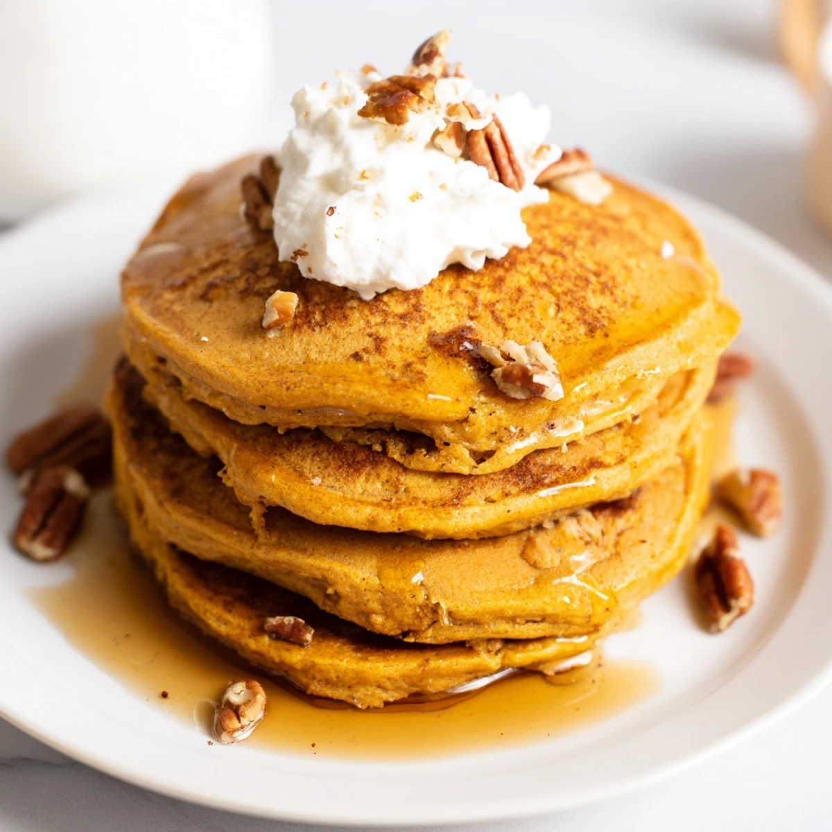Fluffy and delicious Pumpkin Spice Pancakes, perfect with whipped cream on a cozy Sunday morning.