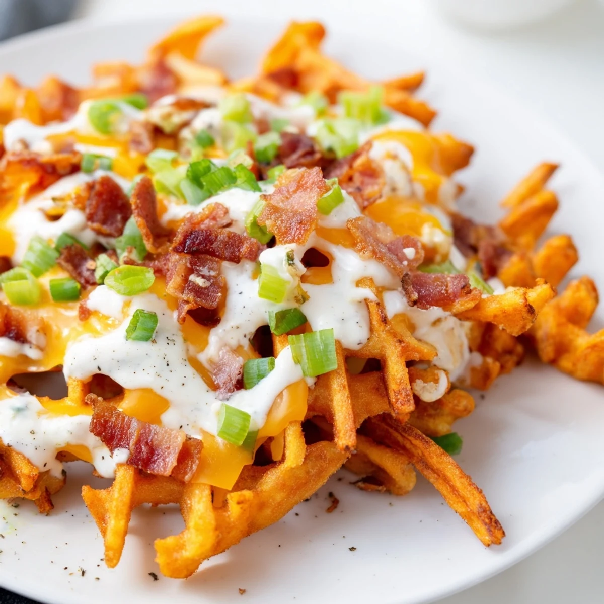 Golden, crispy Loaded Sweet Potato Fries topped generously with melted cheddar cheese and crumbled bacon.