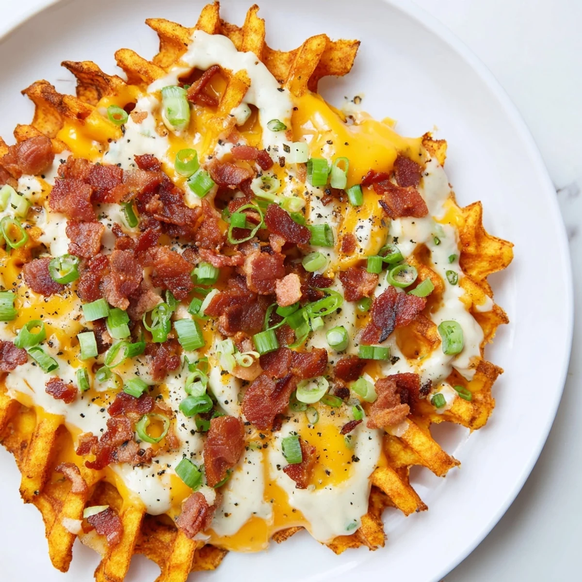 A close-up of savory Loaded Sweet Potato Fries, drizzled with creamy ranch and fresh green onions.