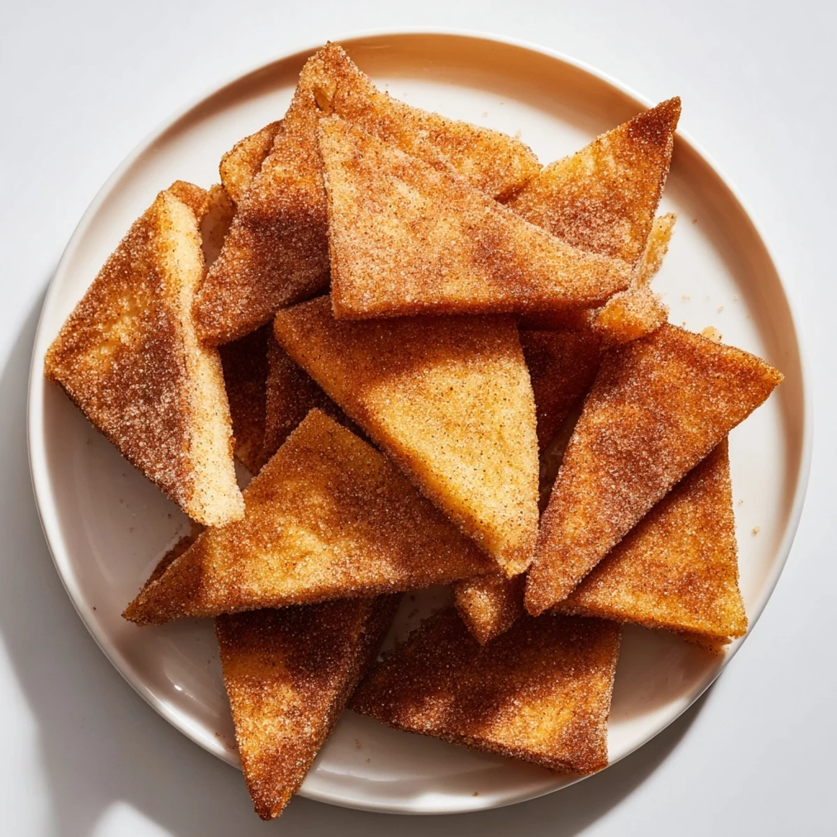Golden-brown cinnamon sugar tortilla chips, air-fried to a perfect crisp, ideal for dipping in a sweet sauce.