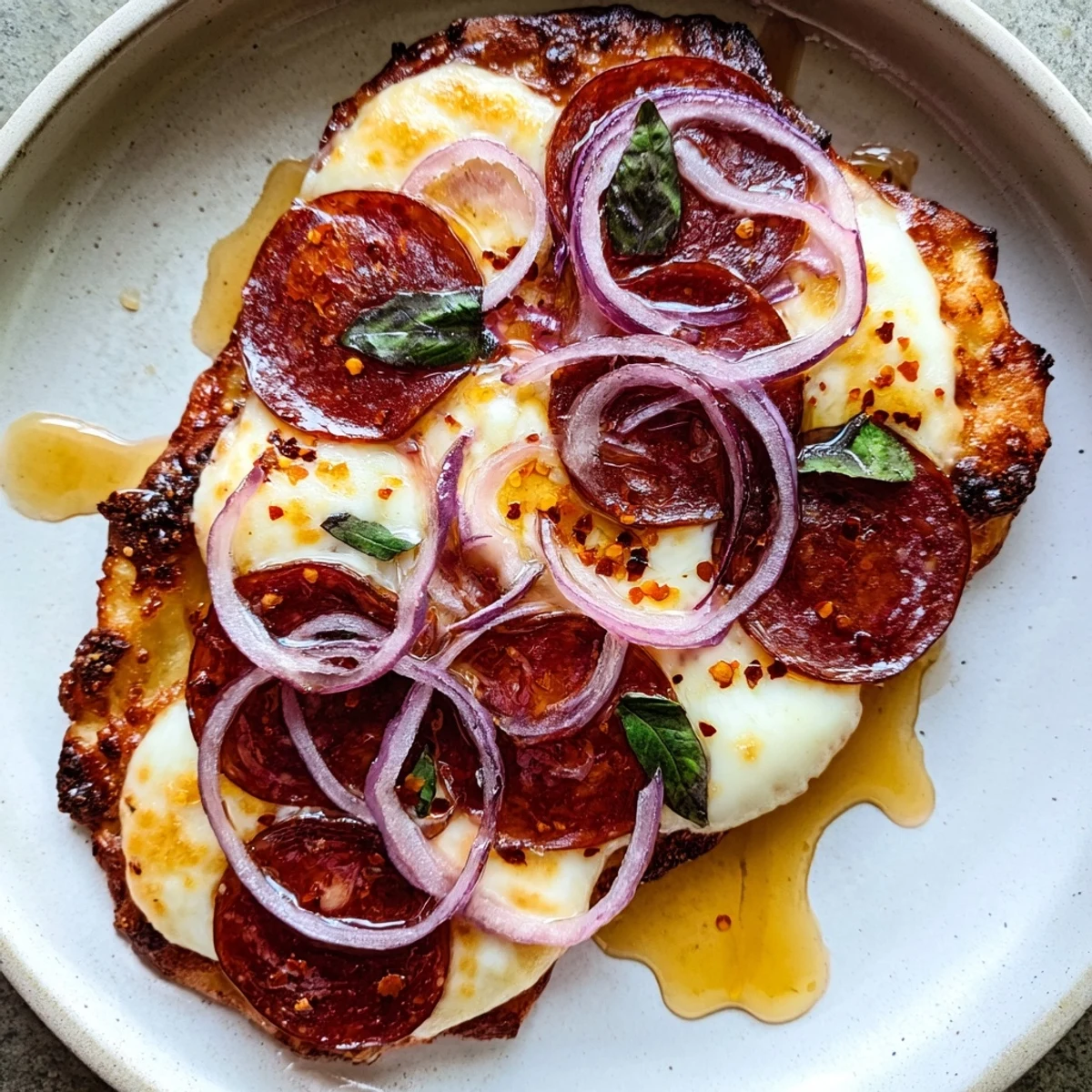 Sizzling Hot Honey Pepperoni Flatbread, featuring melty mozzarella and spicy pepperoni on a crispy crust.