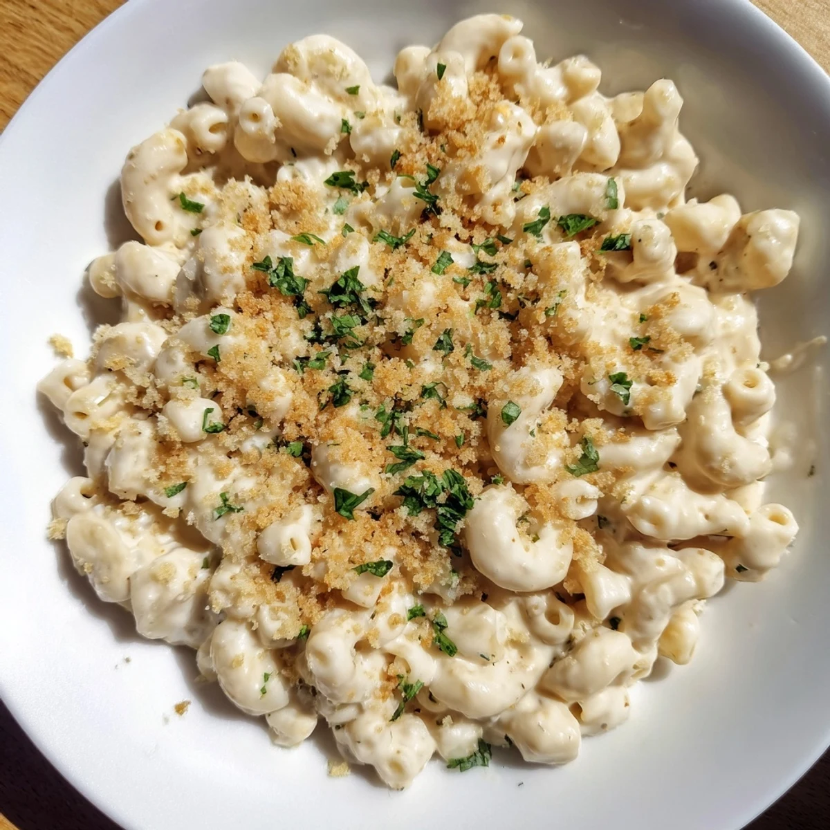 High-Protein Mac & Cheese with golden breadcrumbs on top, ready for a satisfying, healthy meal.