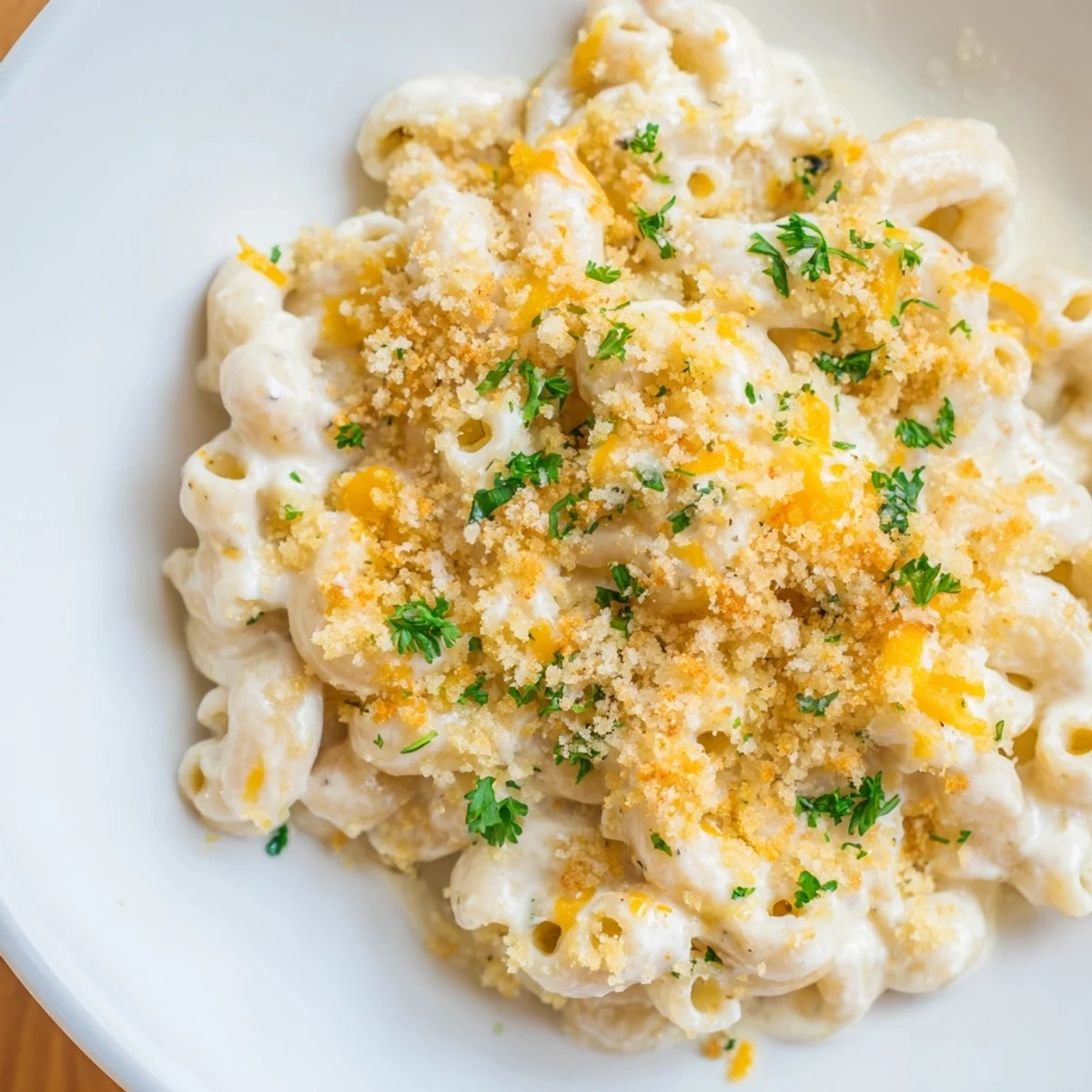 A close-up of creamy High-Protein Mac & Cheese, with a sprinkle of fresh parsley garnished on top.