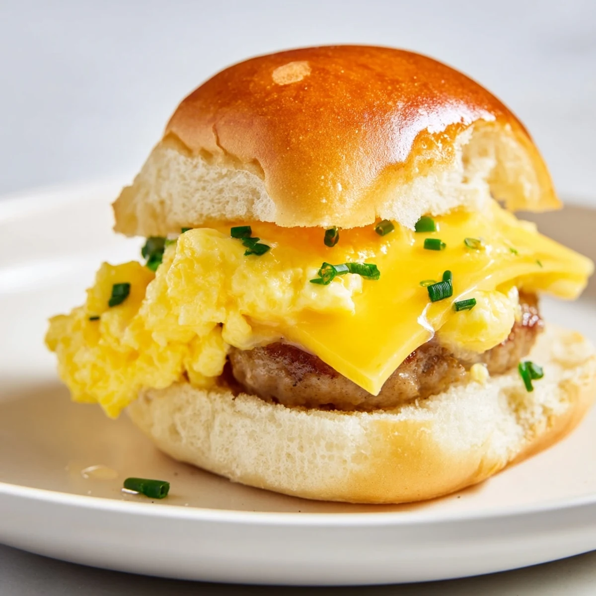 Golden, melty cheese and sausage peek out of mini breakfast sliders, a delicious brunch treat.