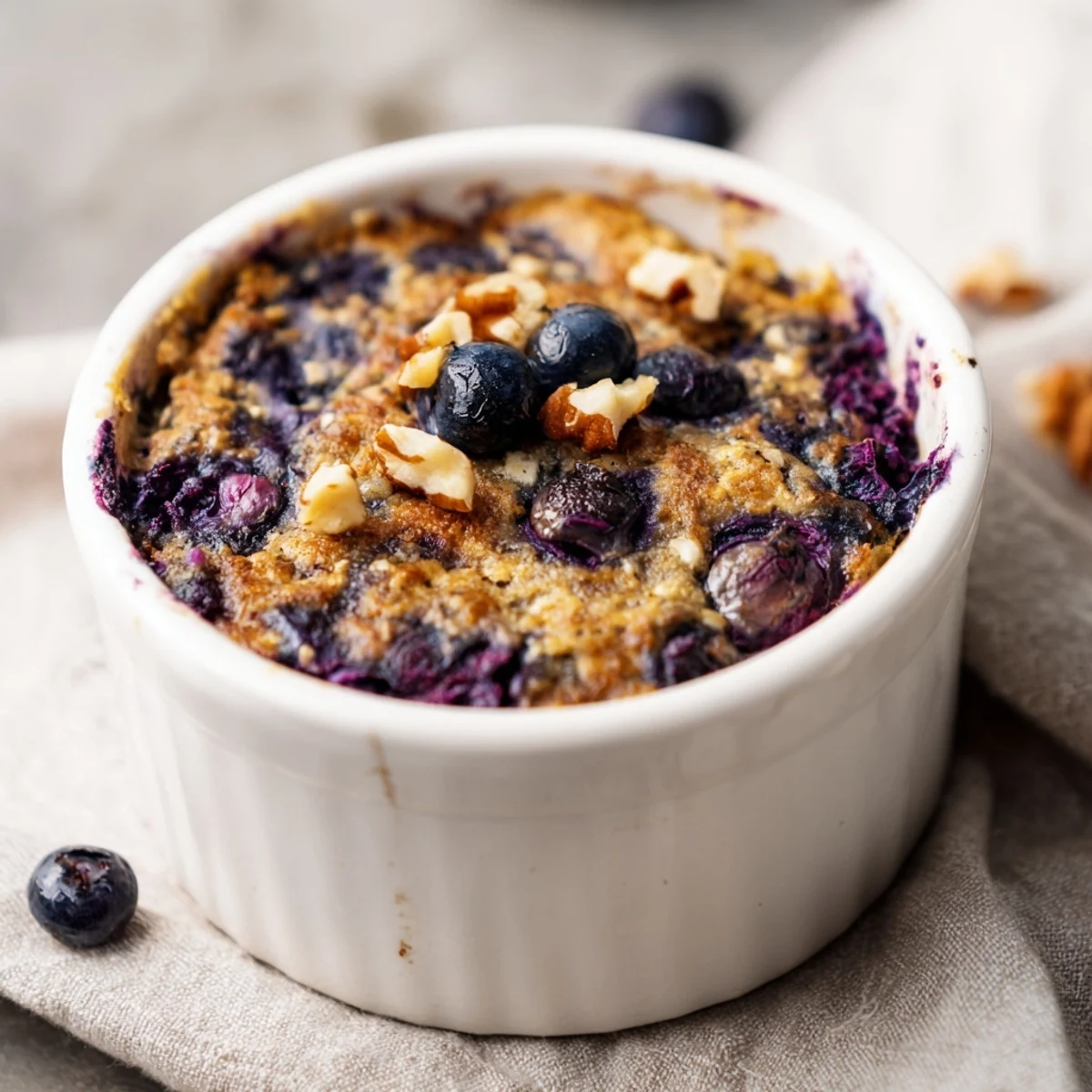 Golden-brown Blueberry Baked Oats with visible, plump blueberries, ready to eat with a spoon.