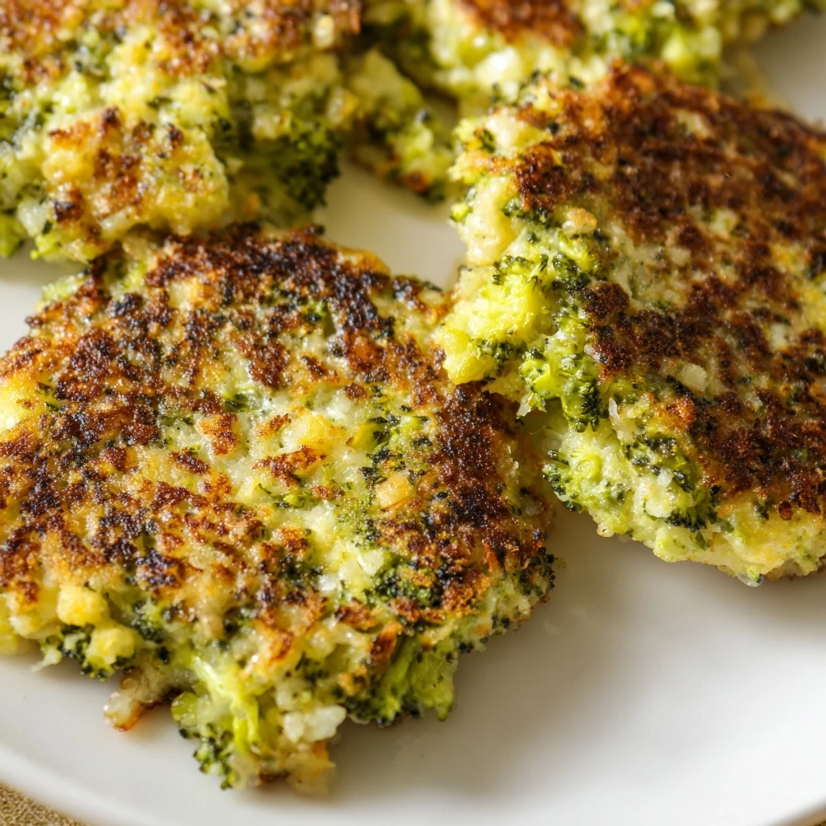Savory Cheesy Broccoli Patties, pan-fried to golden perfection, offering a flavorful veggie side or appetizer.