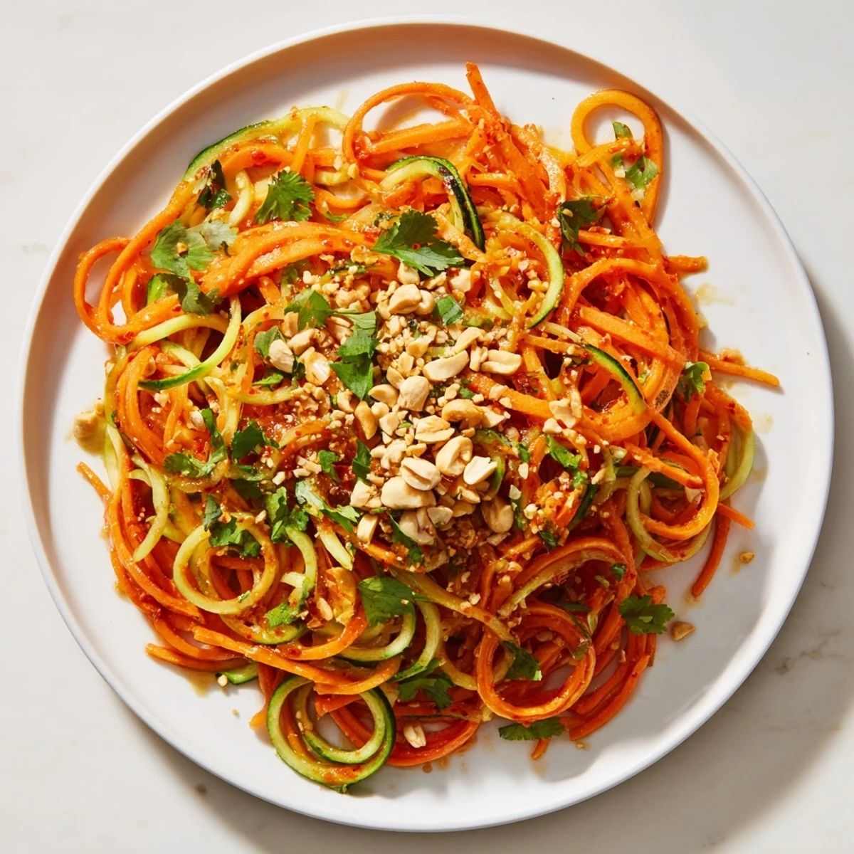 Close-up of Spicy Cucumber Noodle Bowl, vibrant and glistening with chili oil and fresh cilantro.