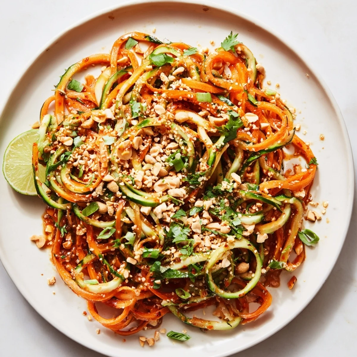 A visually appealing Spicy Cucumber Noodle Bowl boasts spiralized cucumbers and colorful carrot ribbons.
