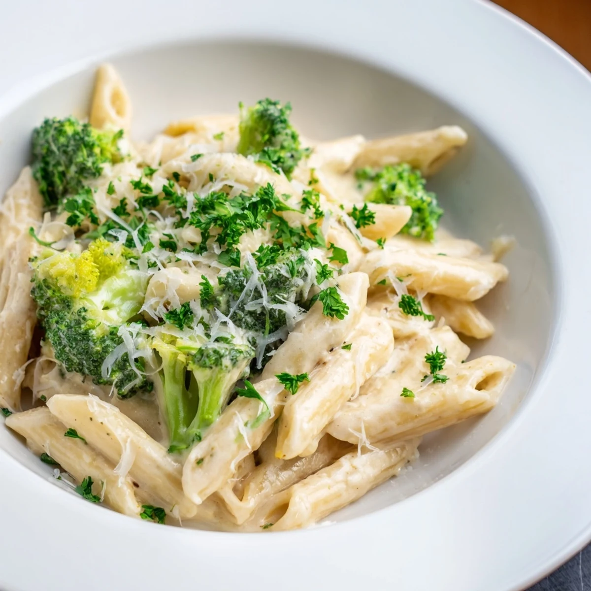 A steaming bowl of Cream Cheese Garlic Pasta with vibrant green broccoli florets.