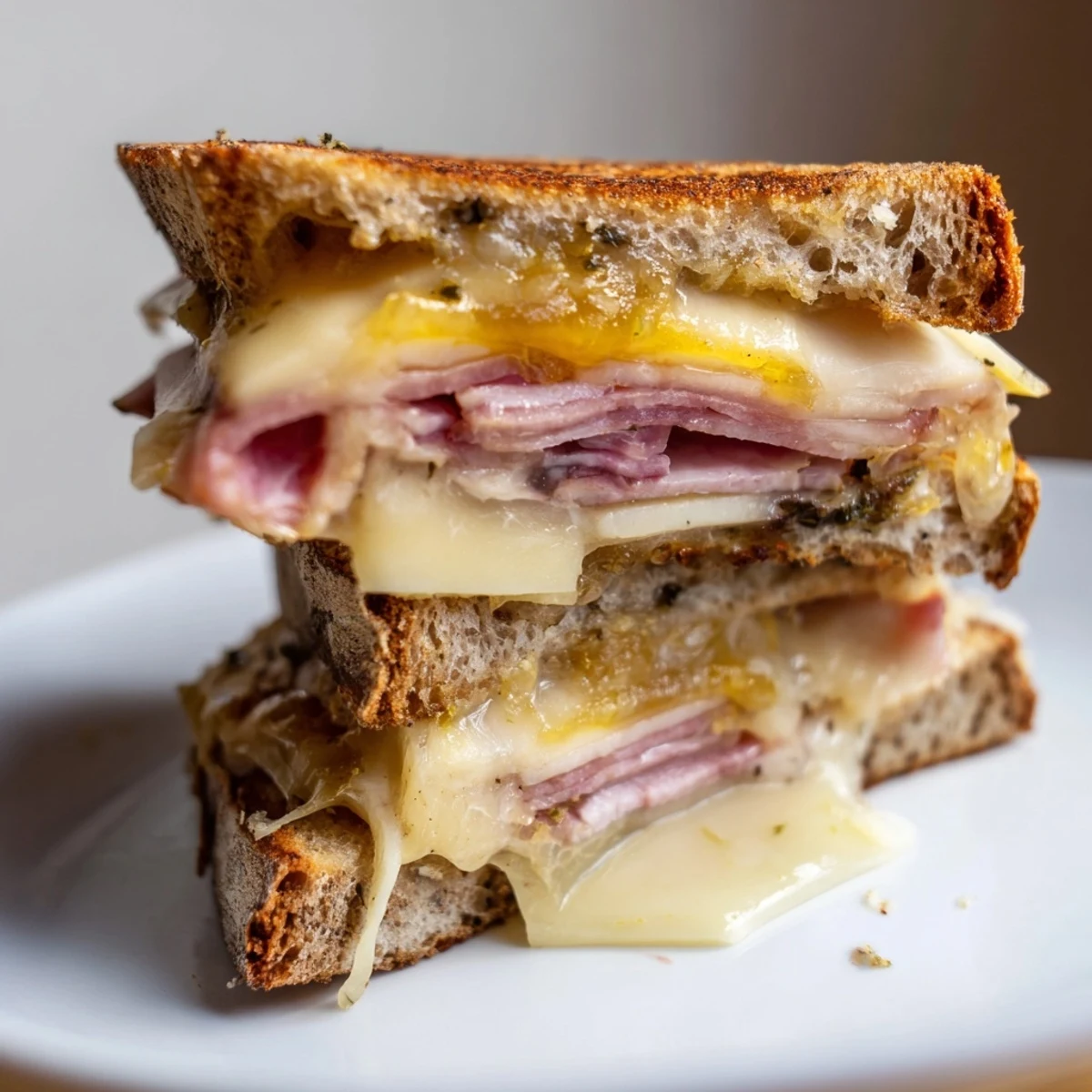 Golden melted Gruyère and brie oozing from a Charcuterie Grilled Cheese sandwich, delicious layers.