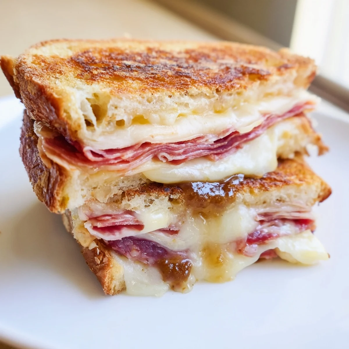 Enjoy the perfect bite of a warm, comforting Charcuterie Grilled Cheese with a glass of crisp wine.