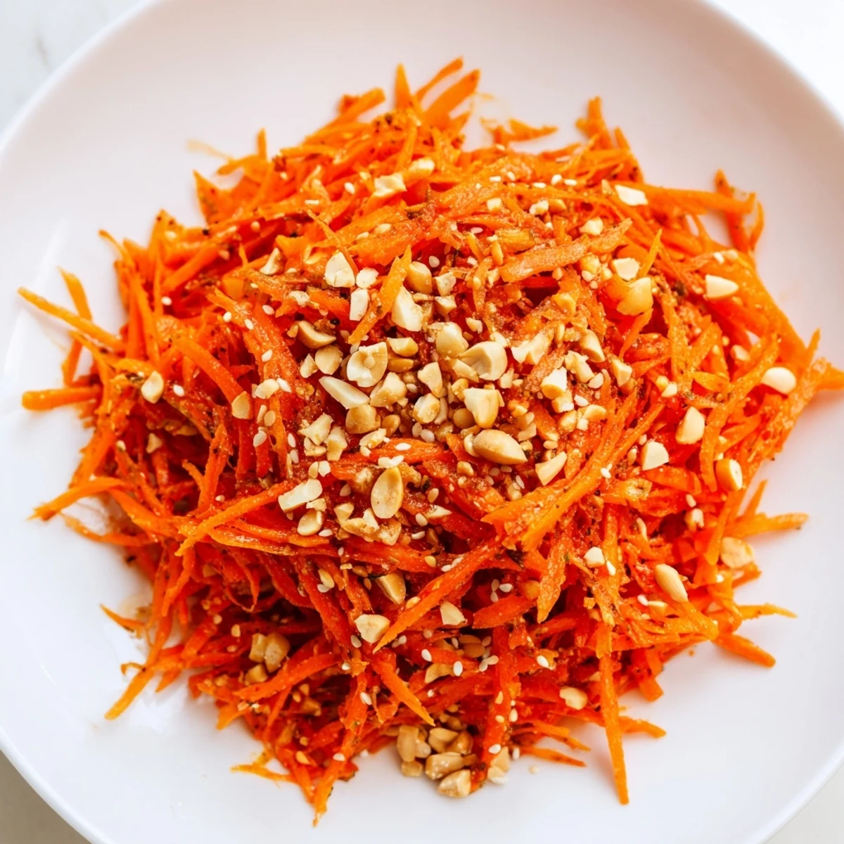 Fresh, crunchy Spicy Carrot Salad with sesame seeds, ready to serve for a delightful Asian-inspired meal.