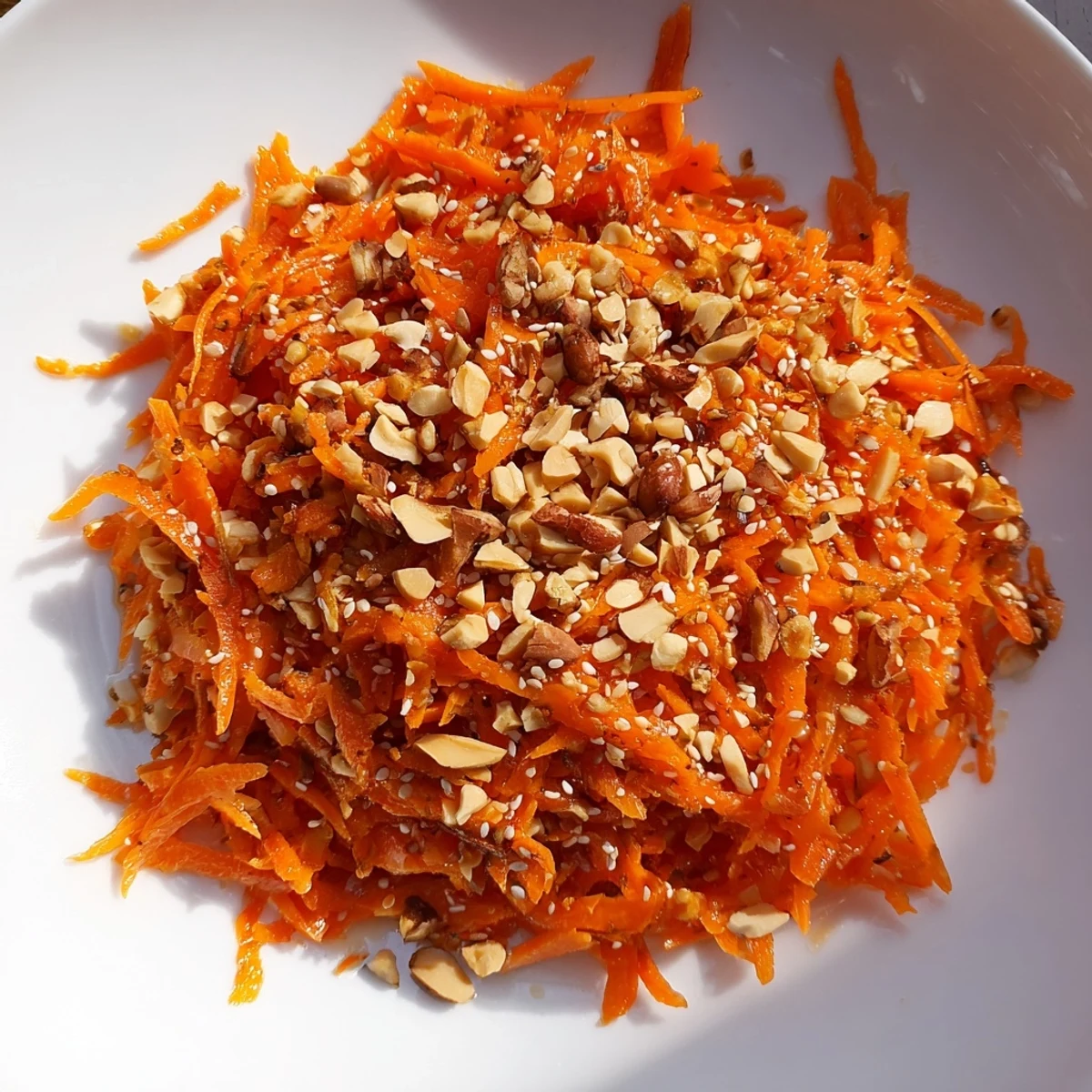 Vibrant shredded carrots in Spicy Carrot Salad, showcasing a flavorful dressing with herbs and nuts.