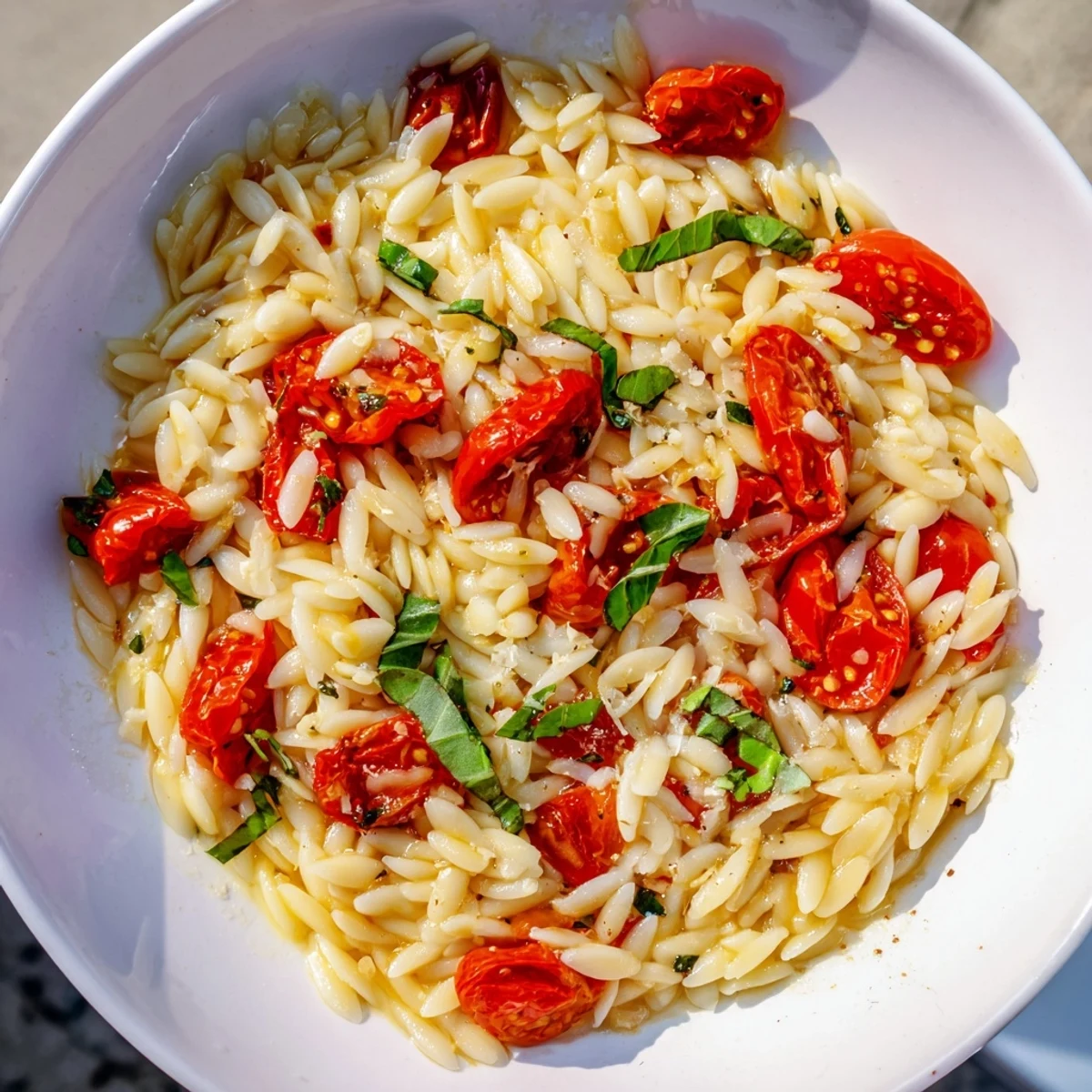 Warm orzo tomato Parmesan with glistening cherry tomatoes and fresh basil, ready to serve.