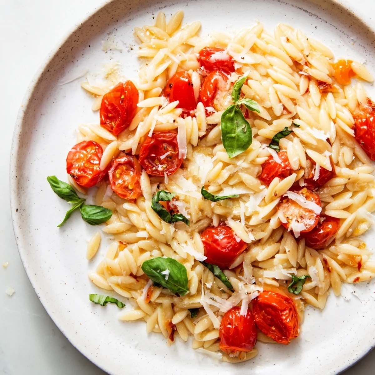 A comforting bowl of orzo tomato Parmesan, with grated cheese and bright color, perfect for dinner.