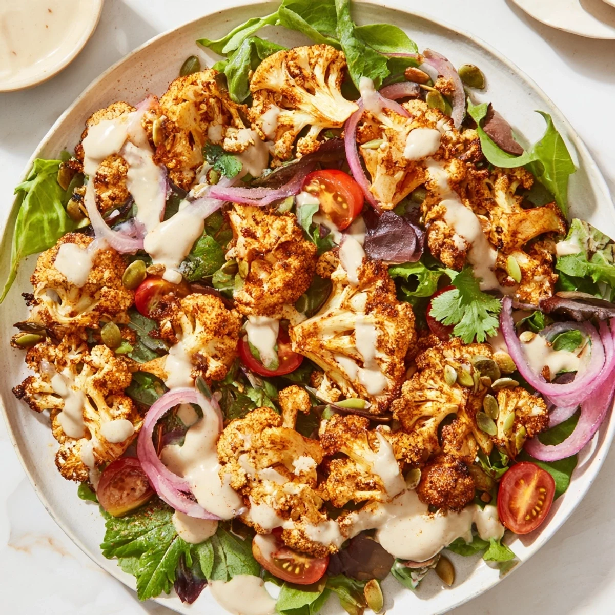 Crispy Cauliflower Salad with tahini sauce, golden air-fried florets sit atop fresh greens seasoned perfectly.
