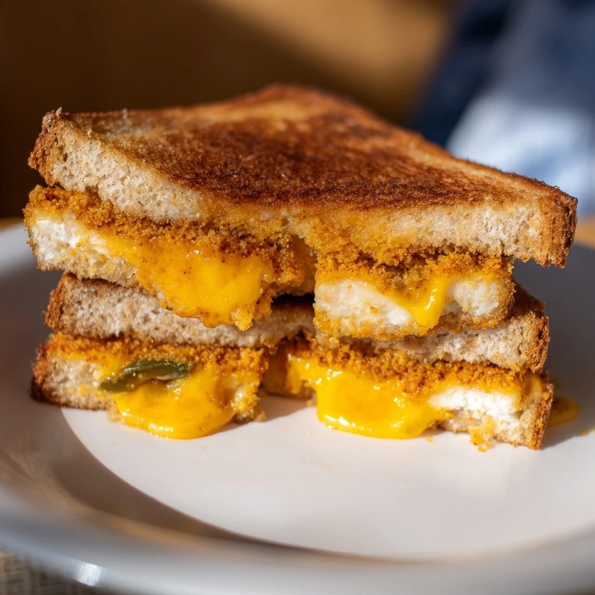 Golden, crispy Spicy Crispy Tofu Grilled Cheese with melted vegan cheese and toasted sourdough slices.