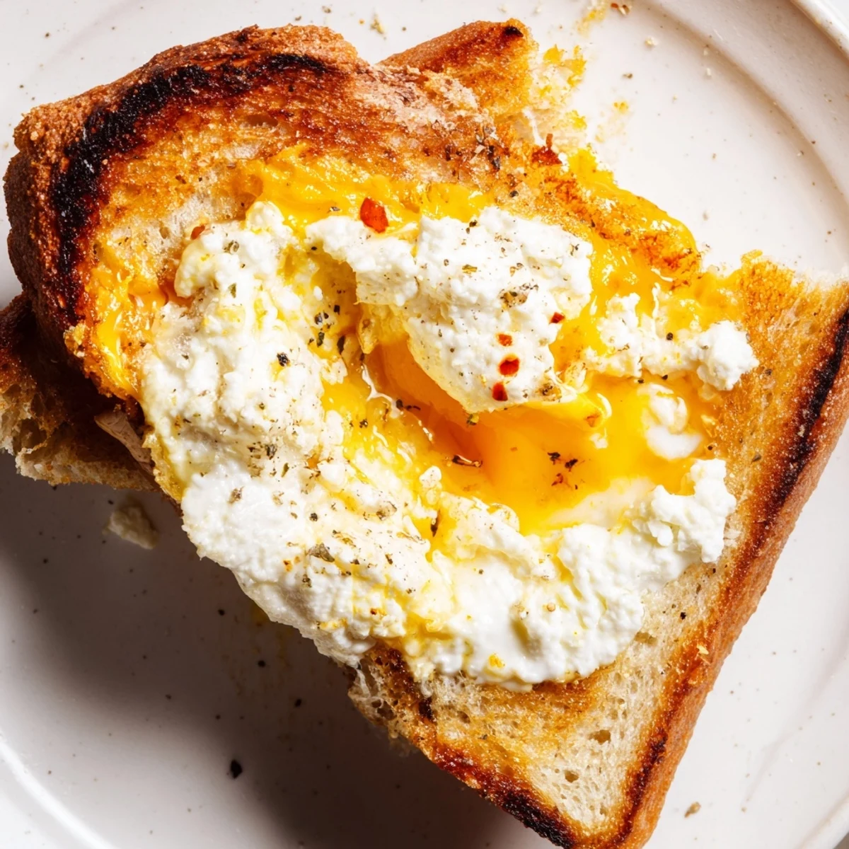 Golden, crispy feta fried eggs grilled cheese with melted cheese and toasted sourdough, a hearty meal.