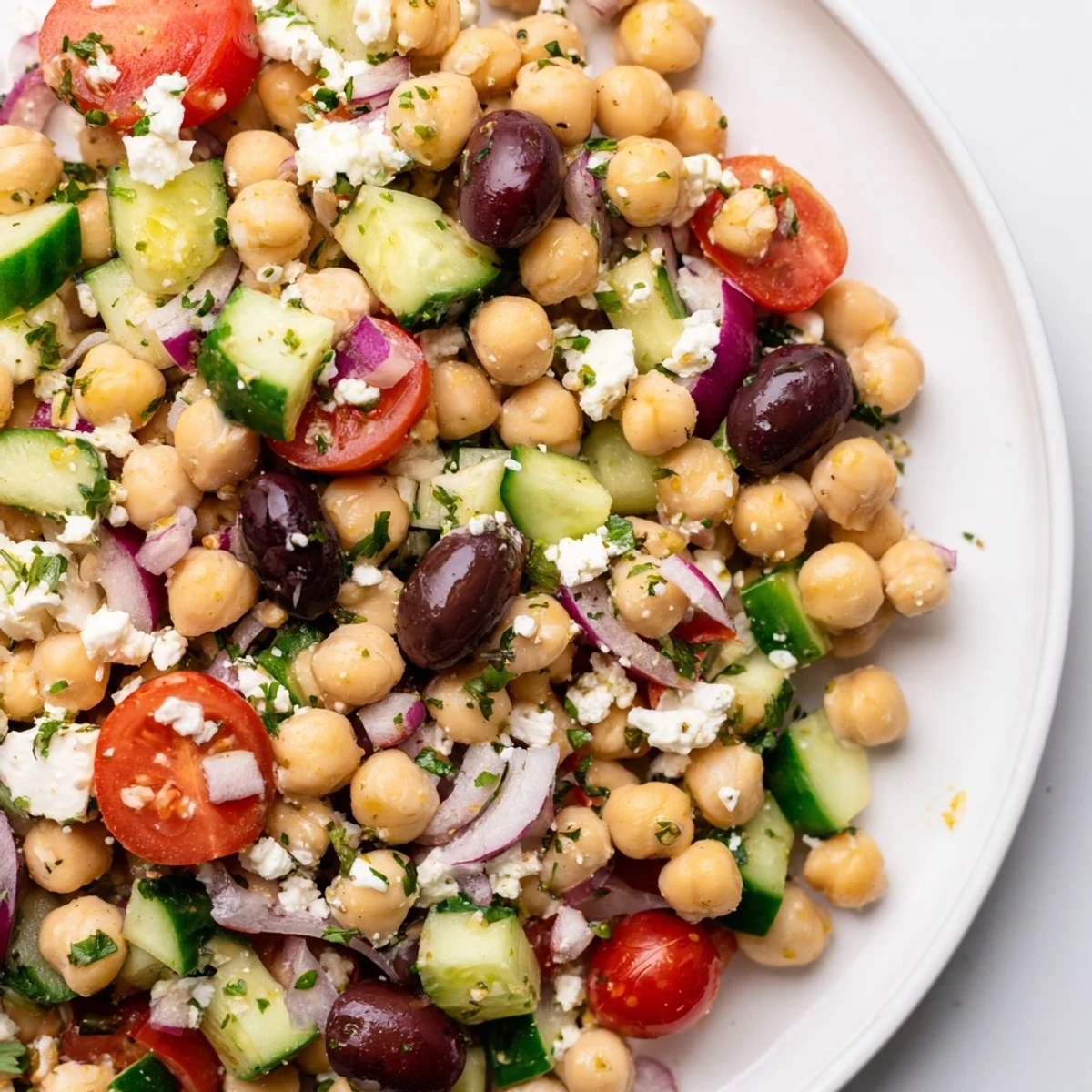 Bright, colorful Mediterranean Chickpea Salad with crumbled feta and tangy lemon dressing, ready to enjoy.